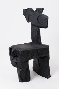 Taburete Escultórico Brutalista, Tallado, Madera Maciza, Roble, Negro, Rústico, Muebles de Madera