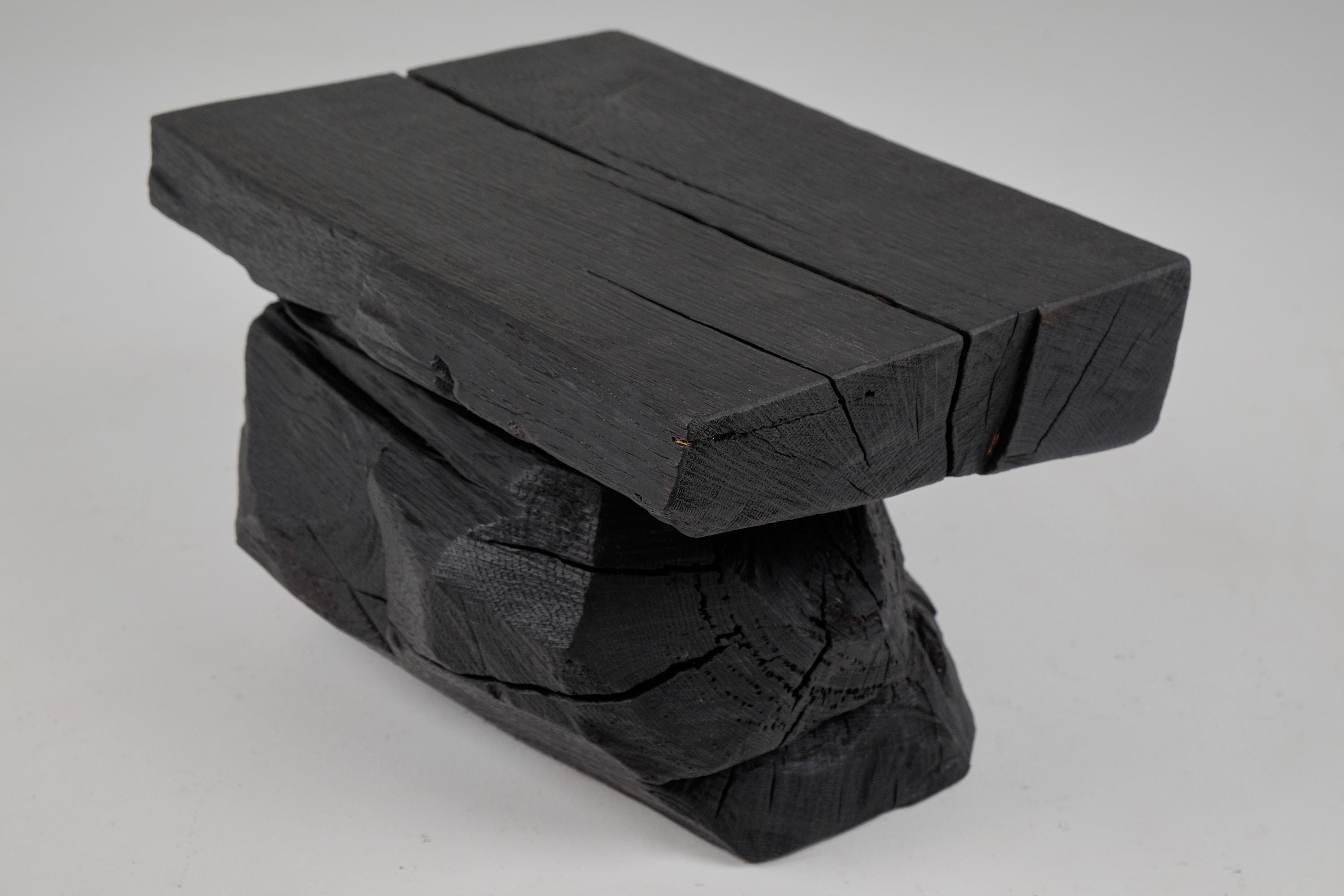 Brutalist Sculptural Stool/Side Table, Solid Burnt Oak Wood,  Unique 1/1, Jownik For Sale 7