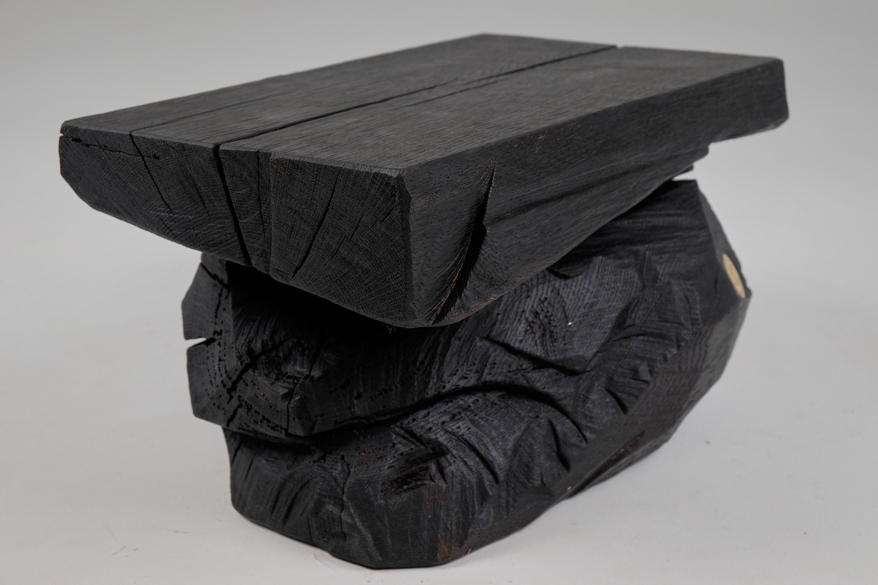 Brutalist Sculptural Stool/Side Table, Solid Burnt Oak Wood,  Unique 1/1, Jownik For Sale 9