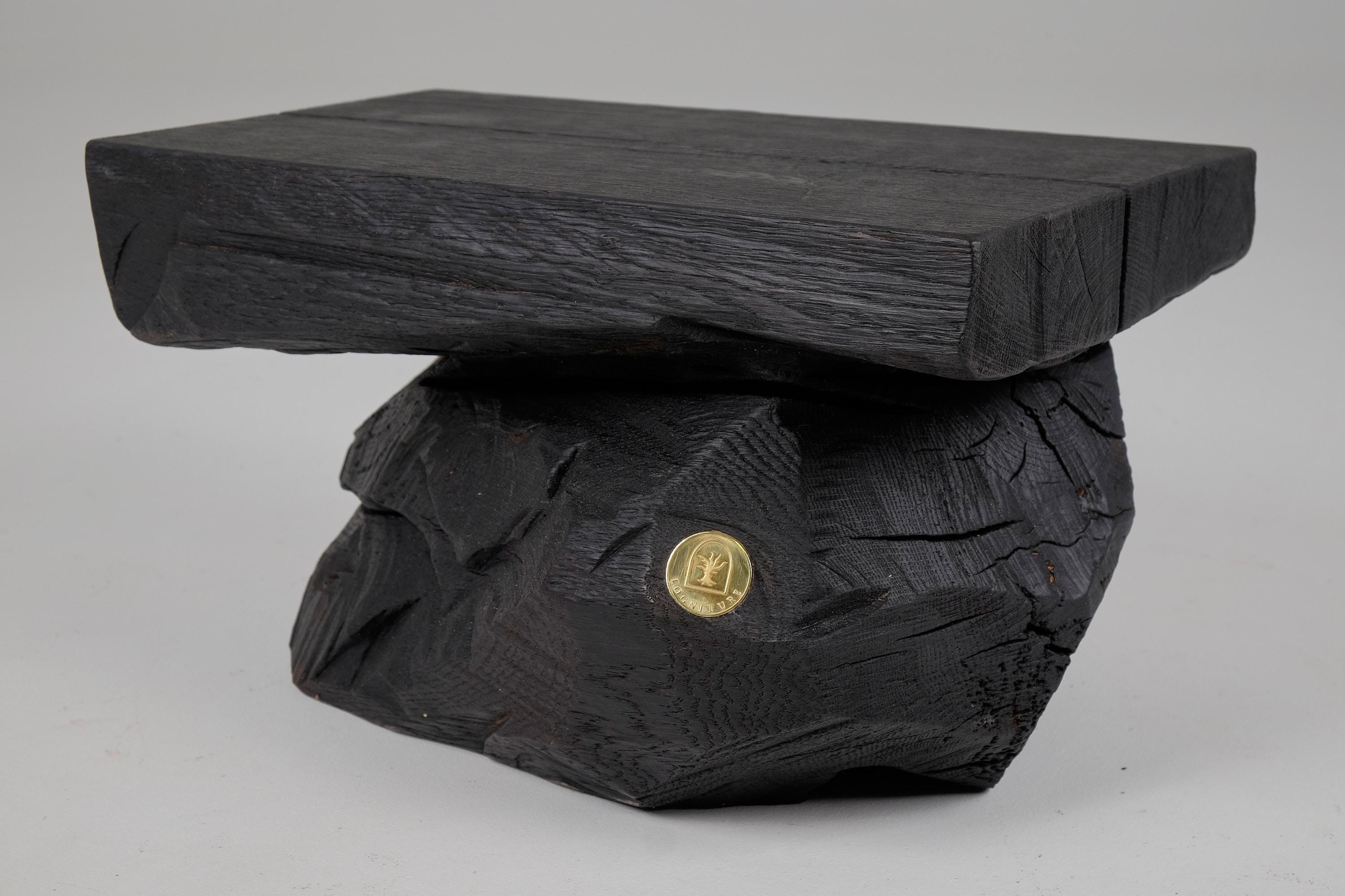 Carved Brutalist Sculptural Stool/Side Table, Solid Burnt Oak Wood,  Unique 1/1, Jownik For Sale