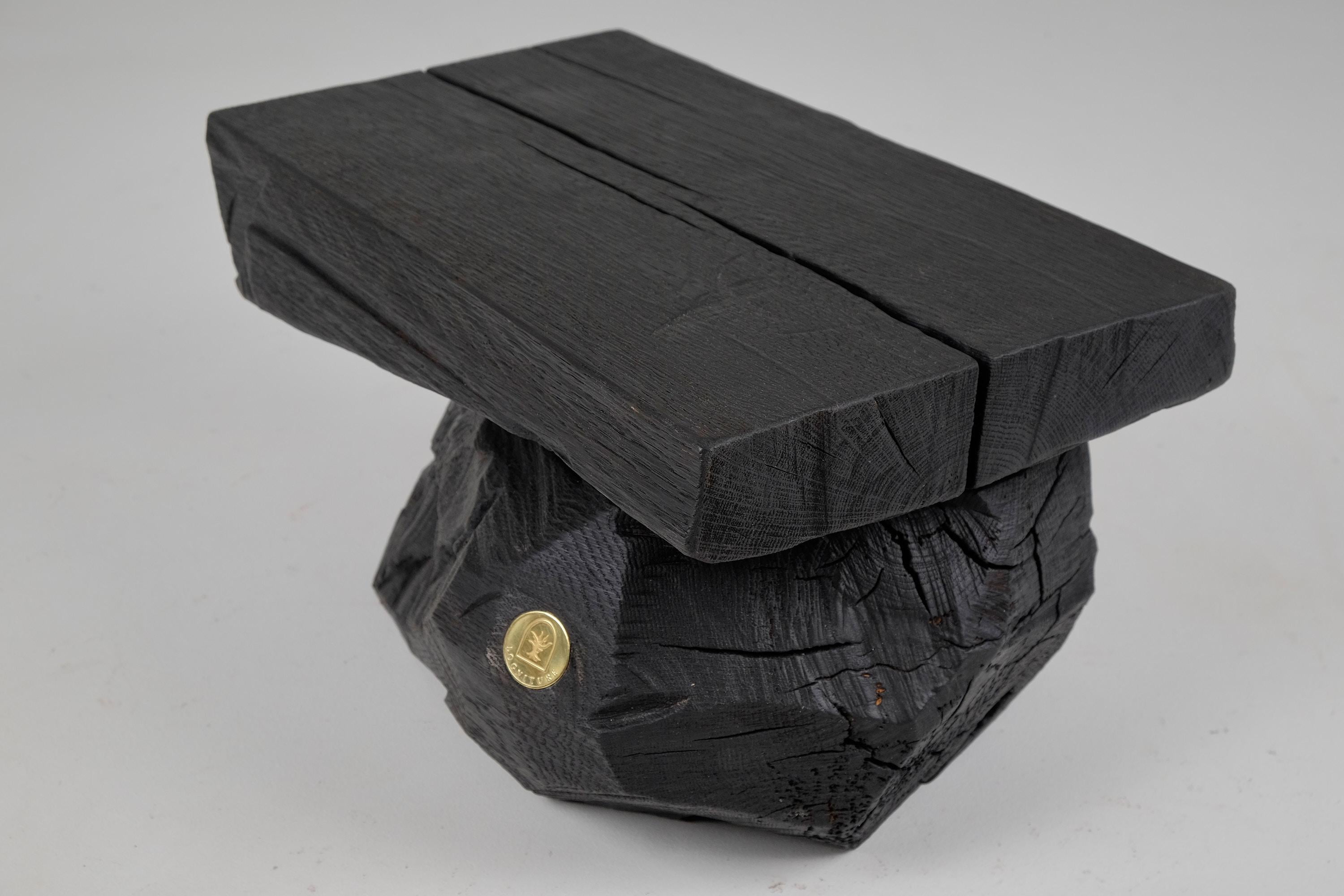 Brutalist Sculptural Stool/Side Table, Solid Burnt Oak Wood,  Unique 1/1, Jownik For Sale 2