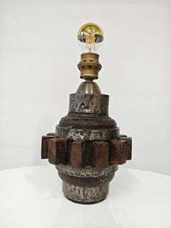 Brutalist sculptural table lamp in wrought iron and wood, Germany 1960s