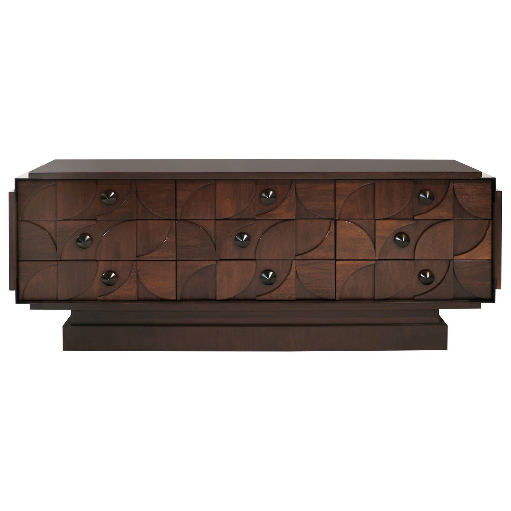 Brutalist Sculptural Walnut Dresser with ORB Accents and Hardware, C. 1970s