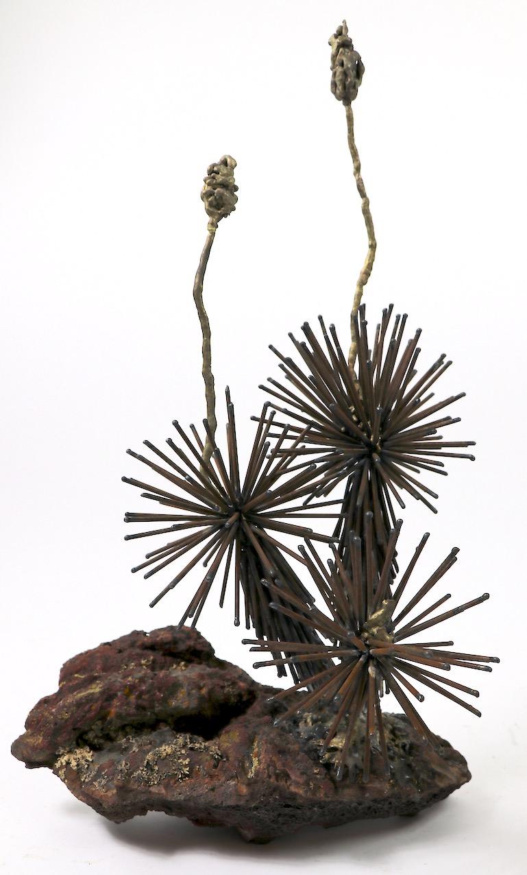 American Brutalist Sculpture Abstracted Plant Forms on Terracotta Base For Sale