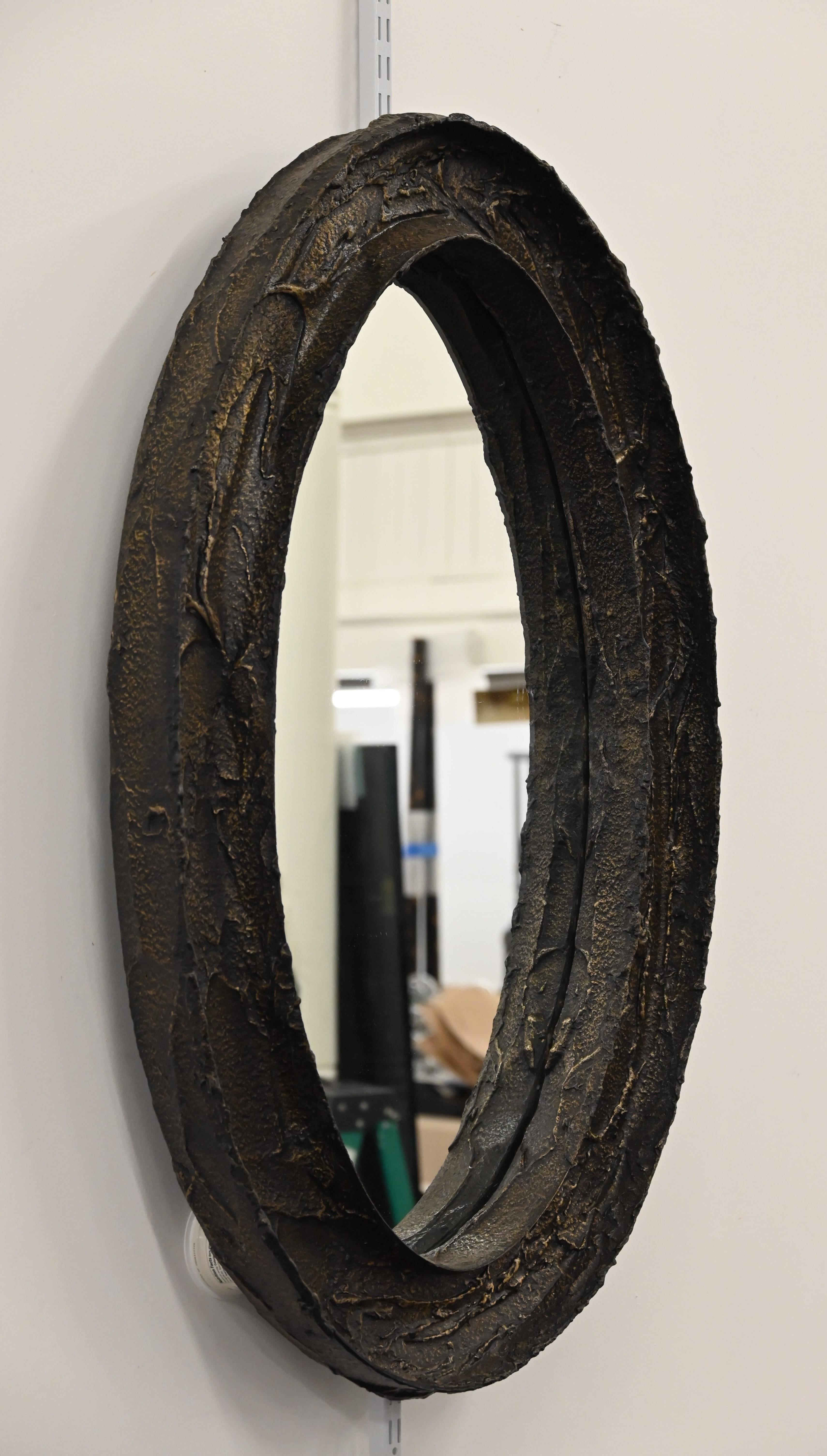 Brutalist Sculpted Bronze Mirror by Paul Evans For Sale 1