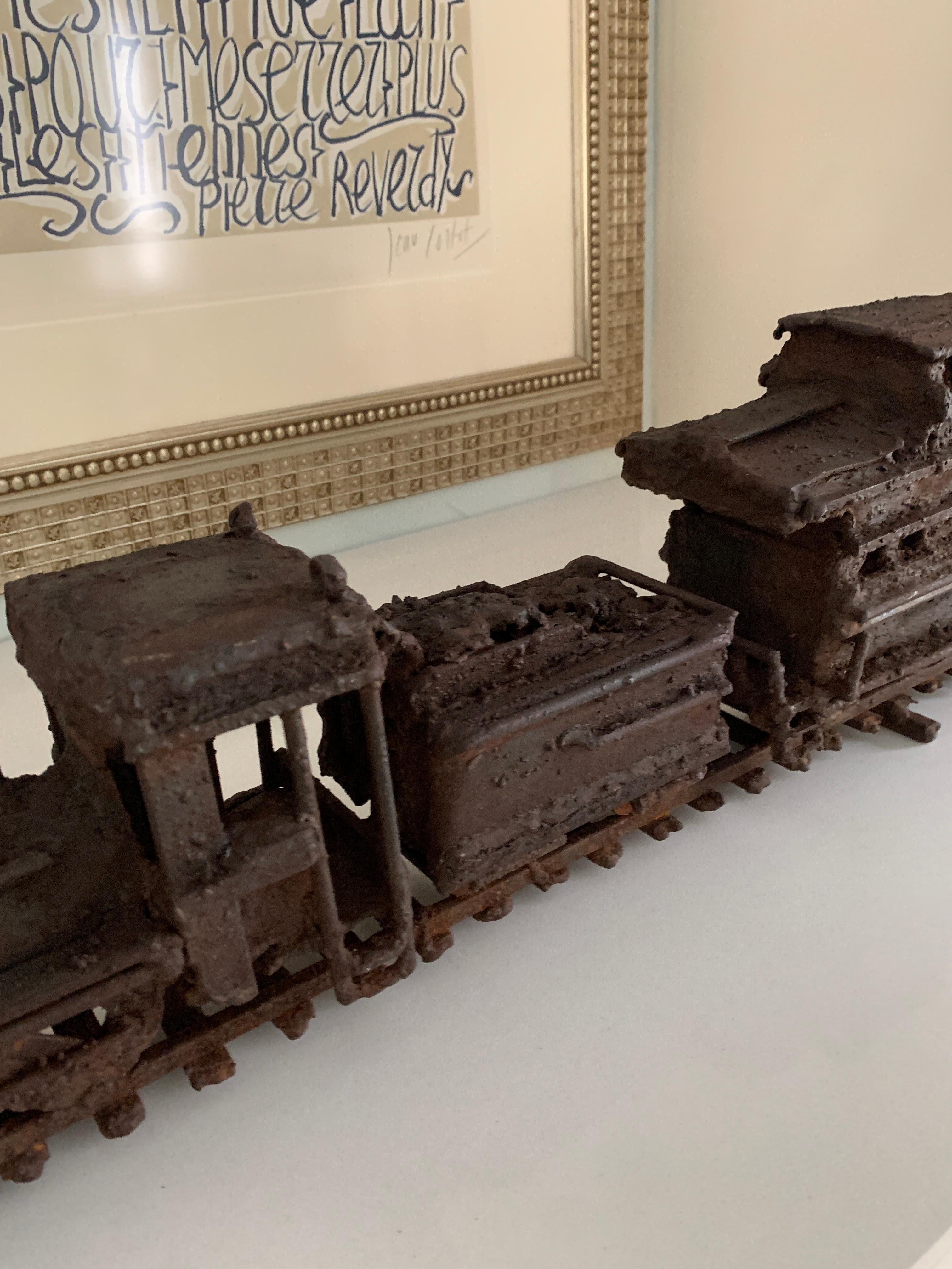 Patinated Brutalist Sculpture of Train on Track with Smoke For Sale