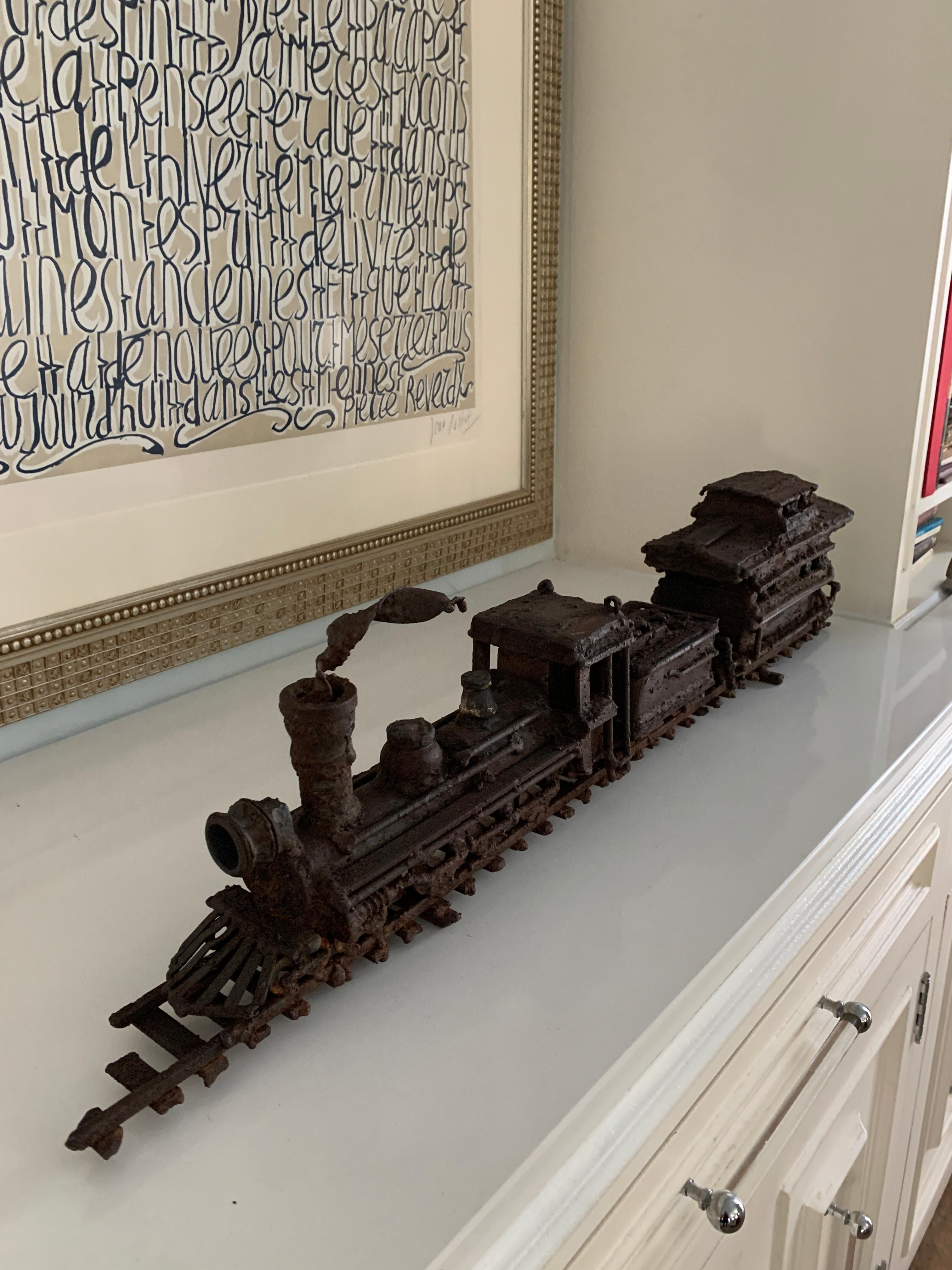 Brutalist Sculpture of Train on Track with Smoke In Good Condition For Sale In Los Angeles, CA