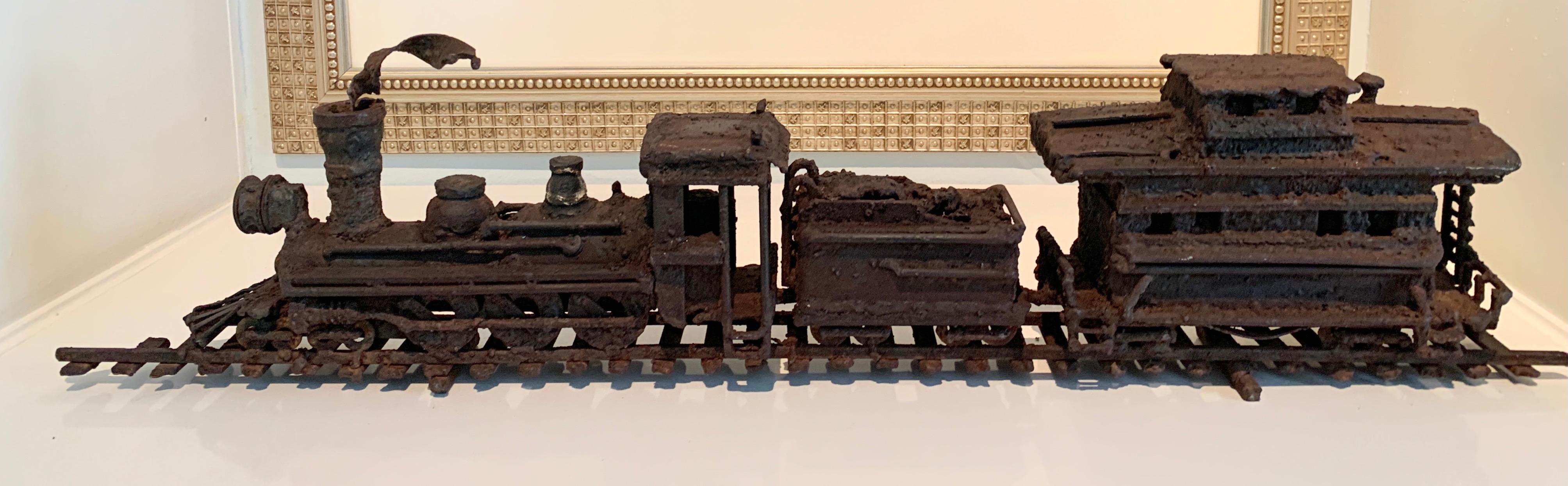 Iron Brutalist Sculpture of Train on Track with Smoke For Sale