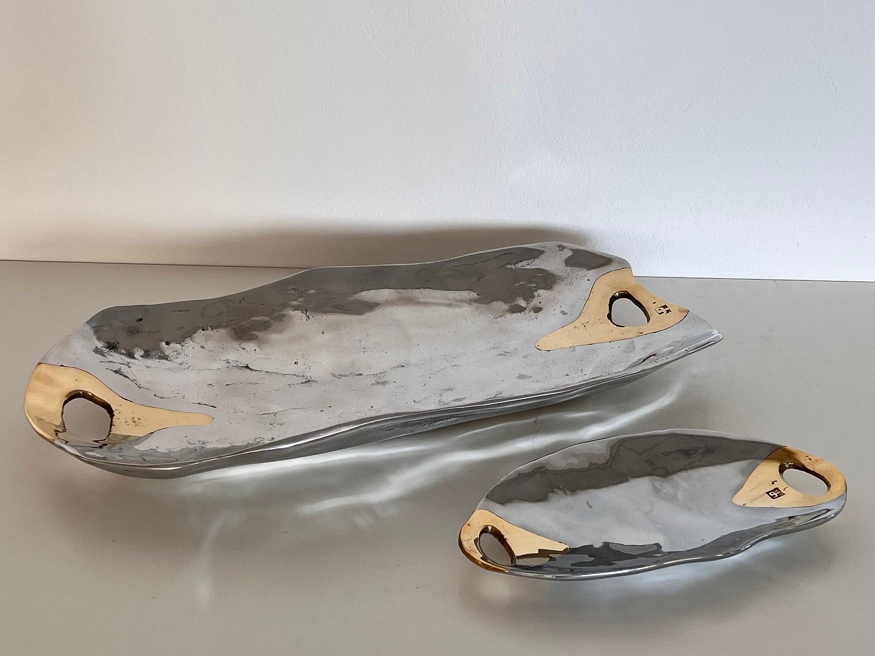 Brutalist Serving Set Platter and Bowl in Aluminium and Brass by David Marshall For Sale 7