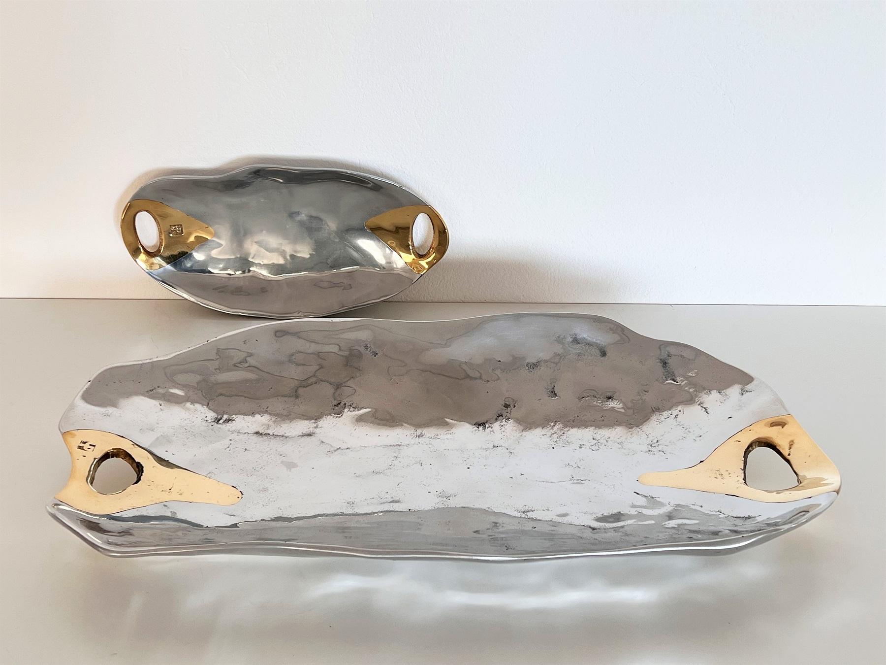 Spanish Brutalist Serving Set Platter and Bowl in Aluminium and Brass by David Marshall For Sale