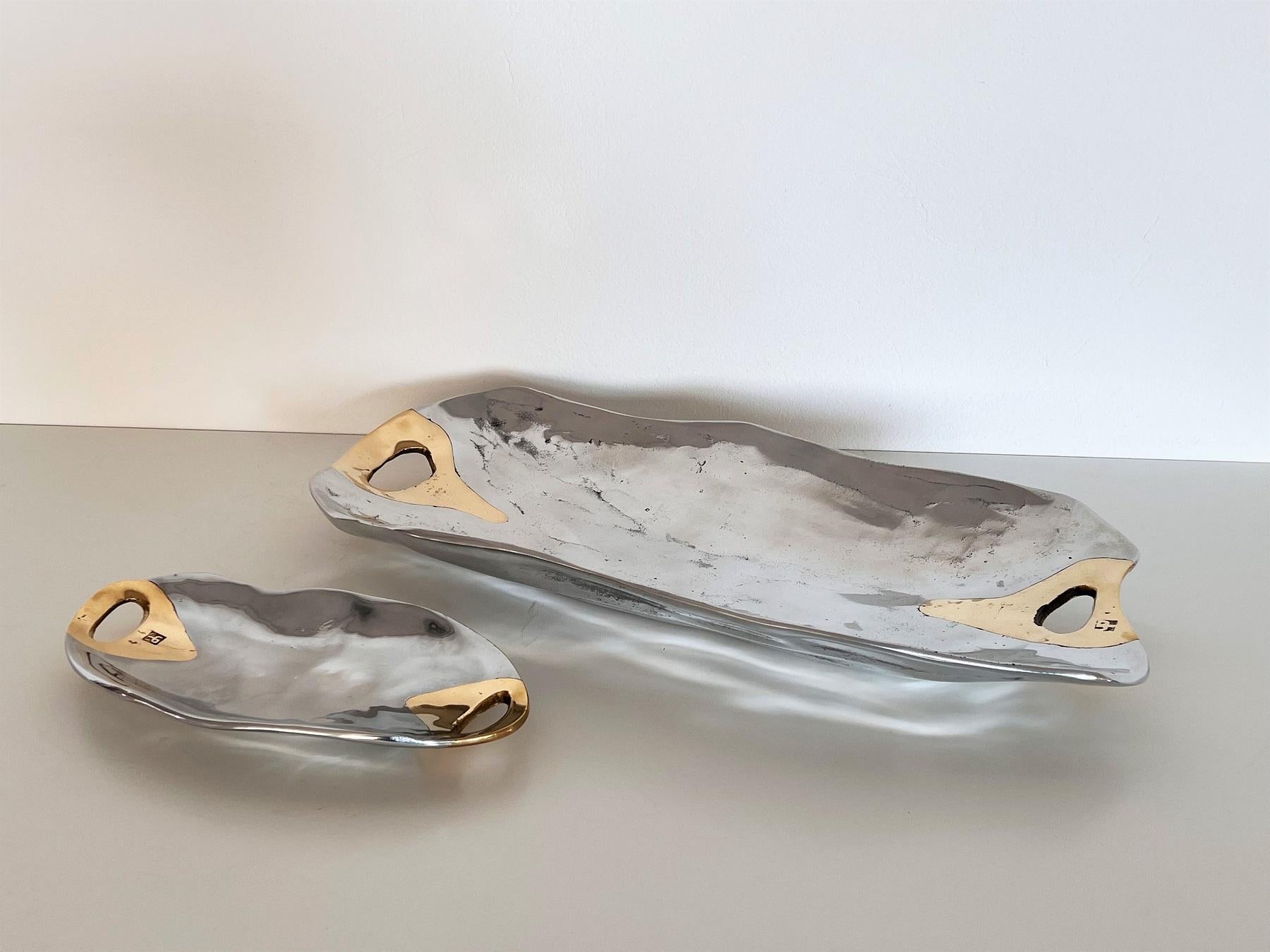Brutalist Serving Set Platter and Bowl in Aluminium and Brass by David Marshall For Sale 3