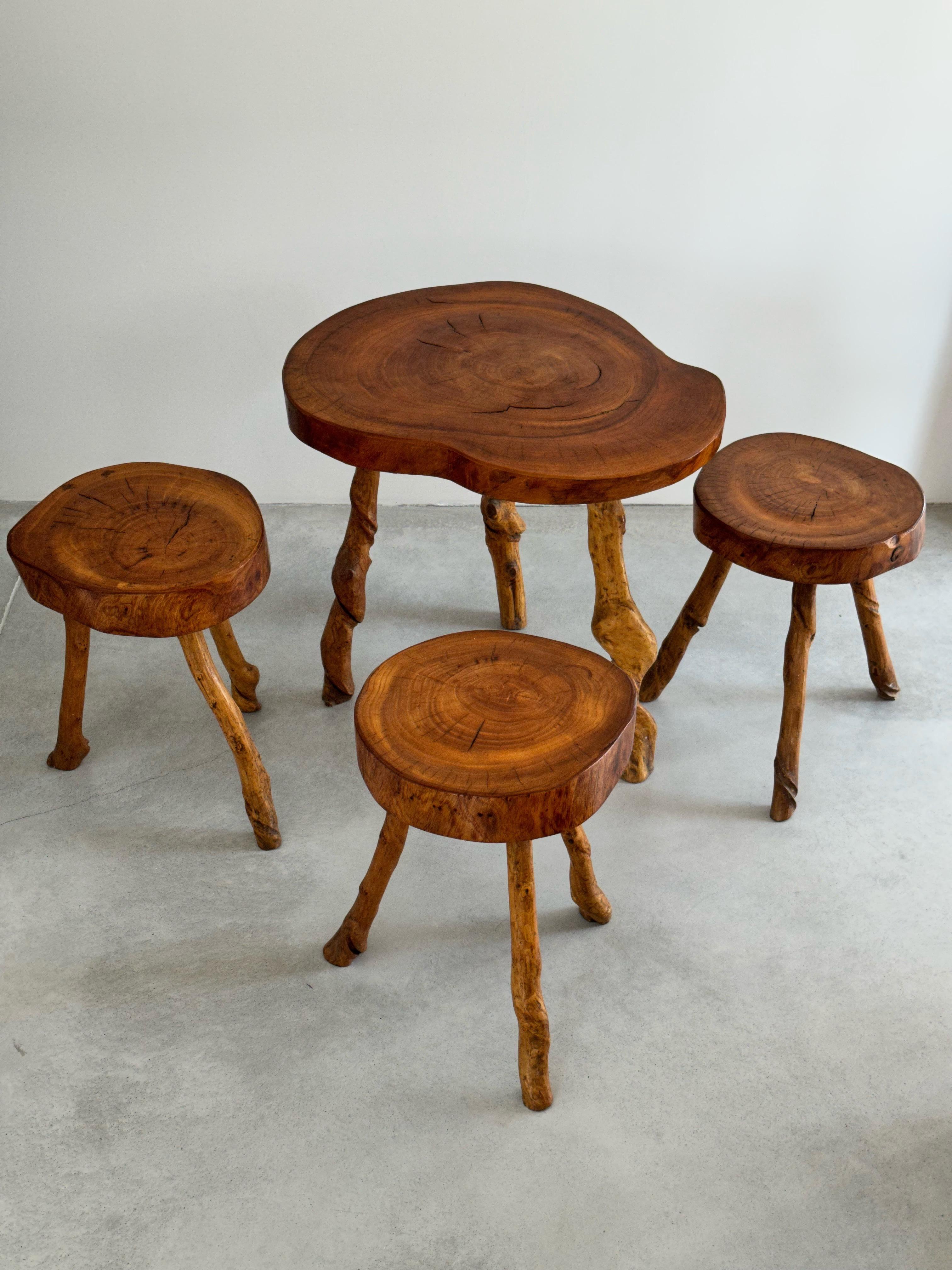 Brutalist Set of 3 Low Stools and 1 Coffee Table, Solid Wood, France, 1960s For Sale 4