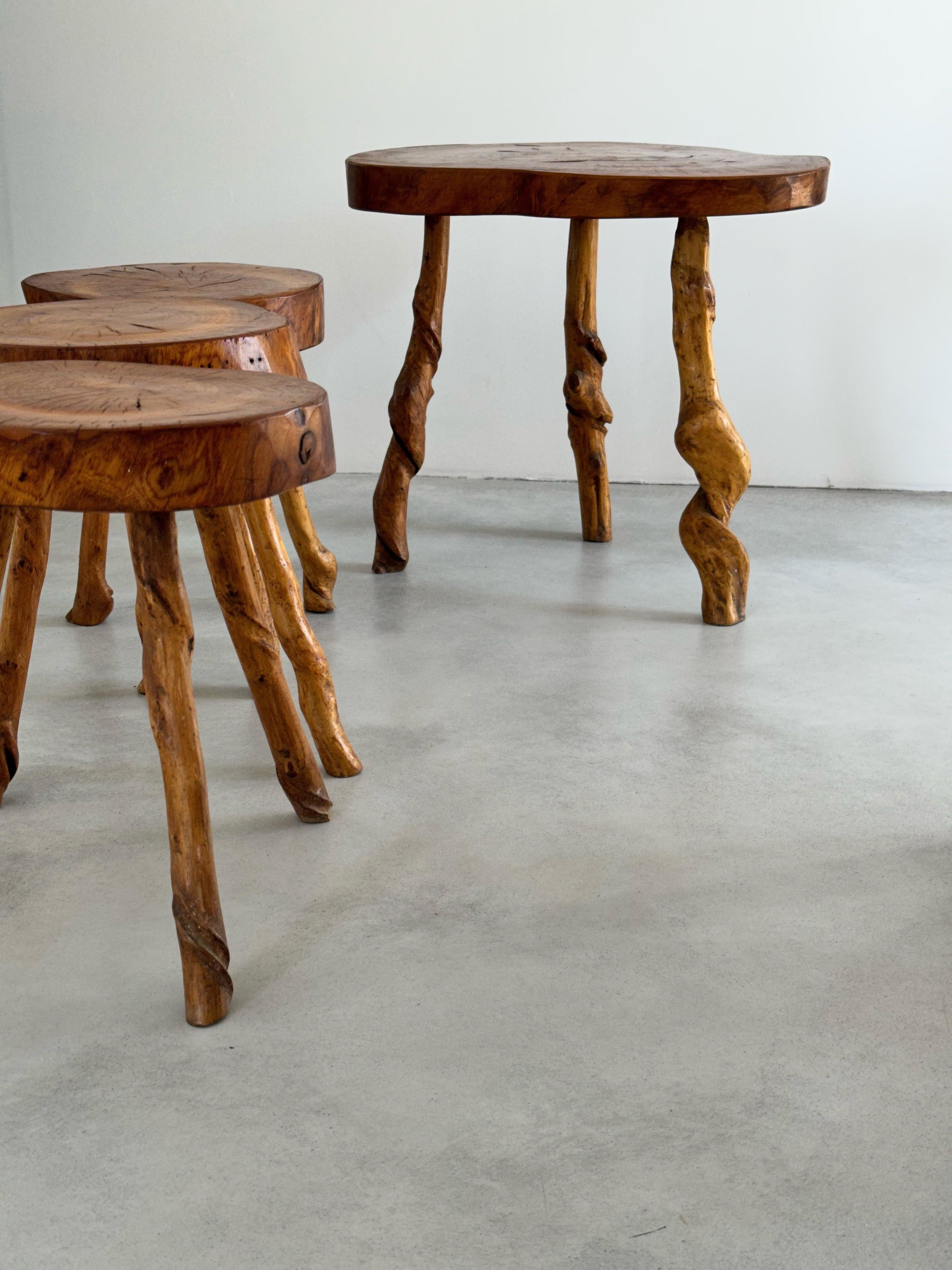 Folk Art Brutalist Set of 3 Low Stools and 1 Coffee Table, Solid Wood, France, 1960s For Sale