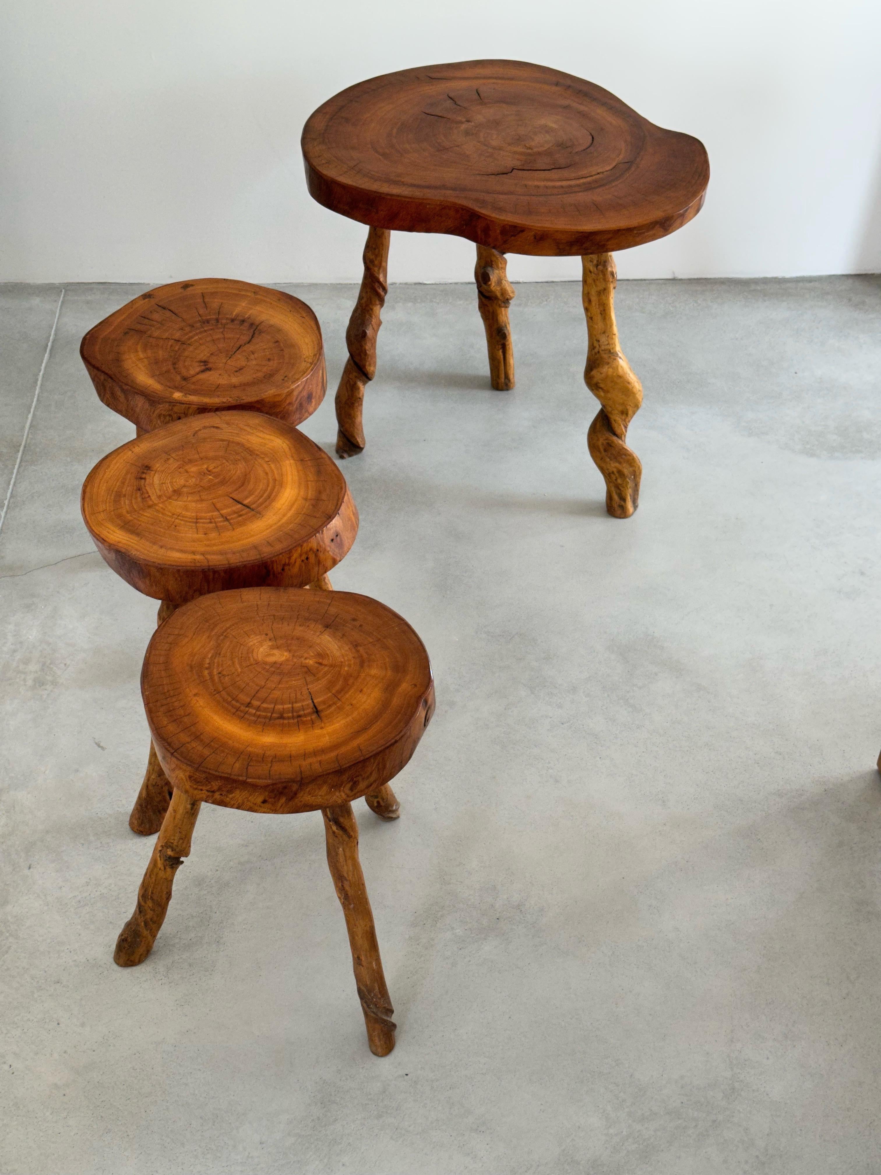 French Brutalist Set of 3 Low Stools and 1 Coffee Table, Solid Wood, France, 1960s For Sale
