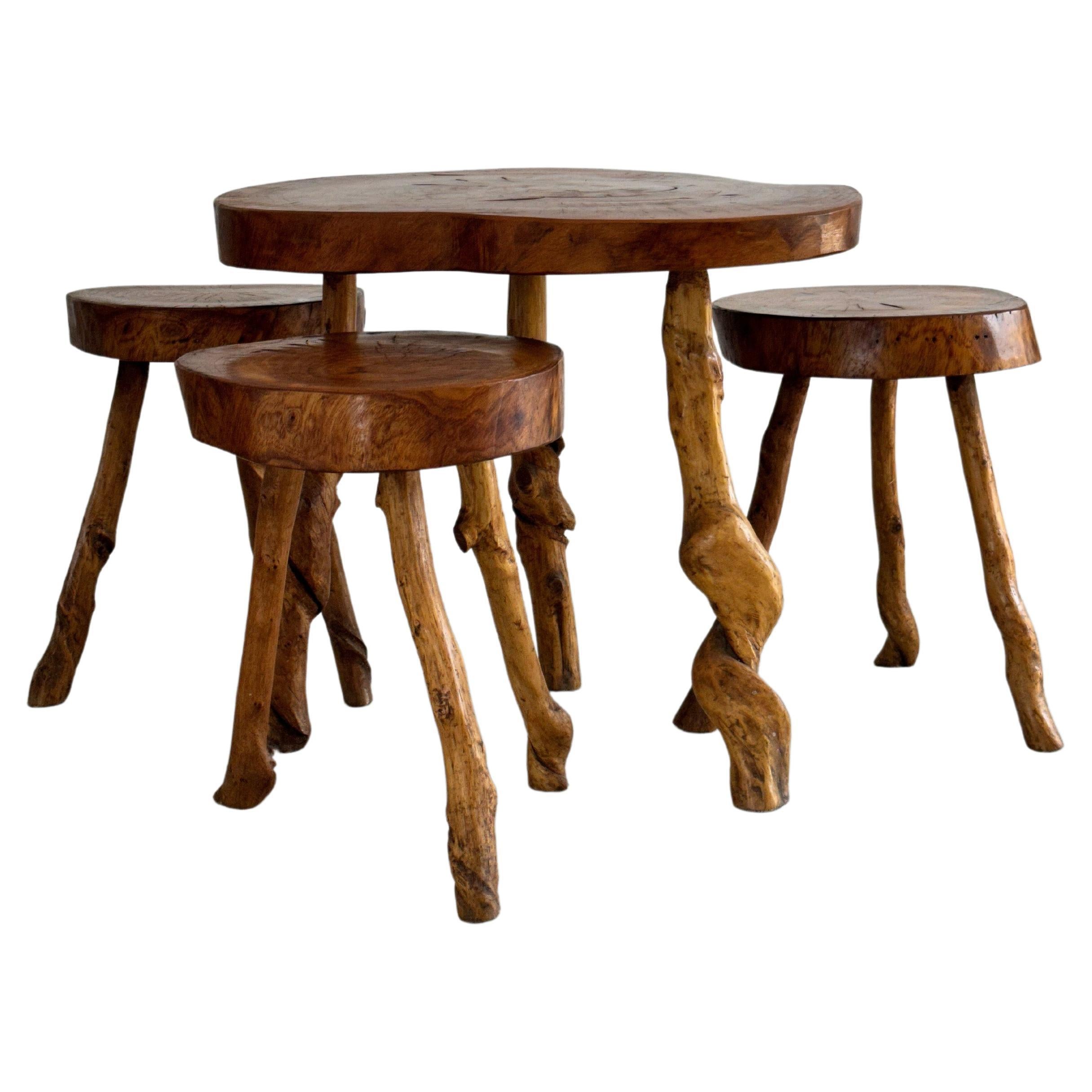 Brutalist Set of 3 Low Stools and 1 Coffee Table, Solid Wood, France, 1960s