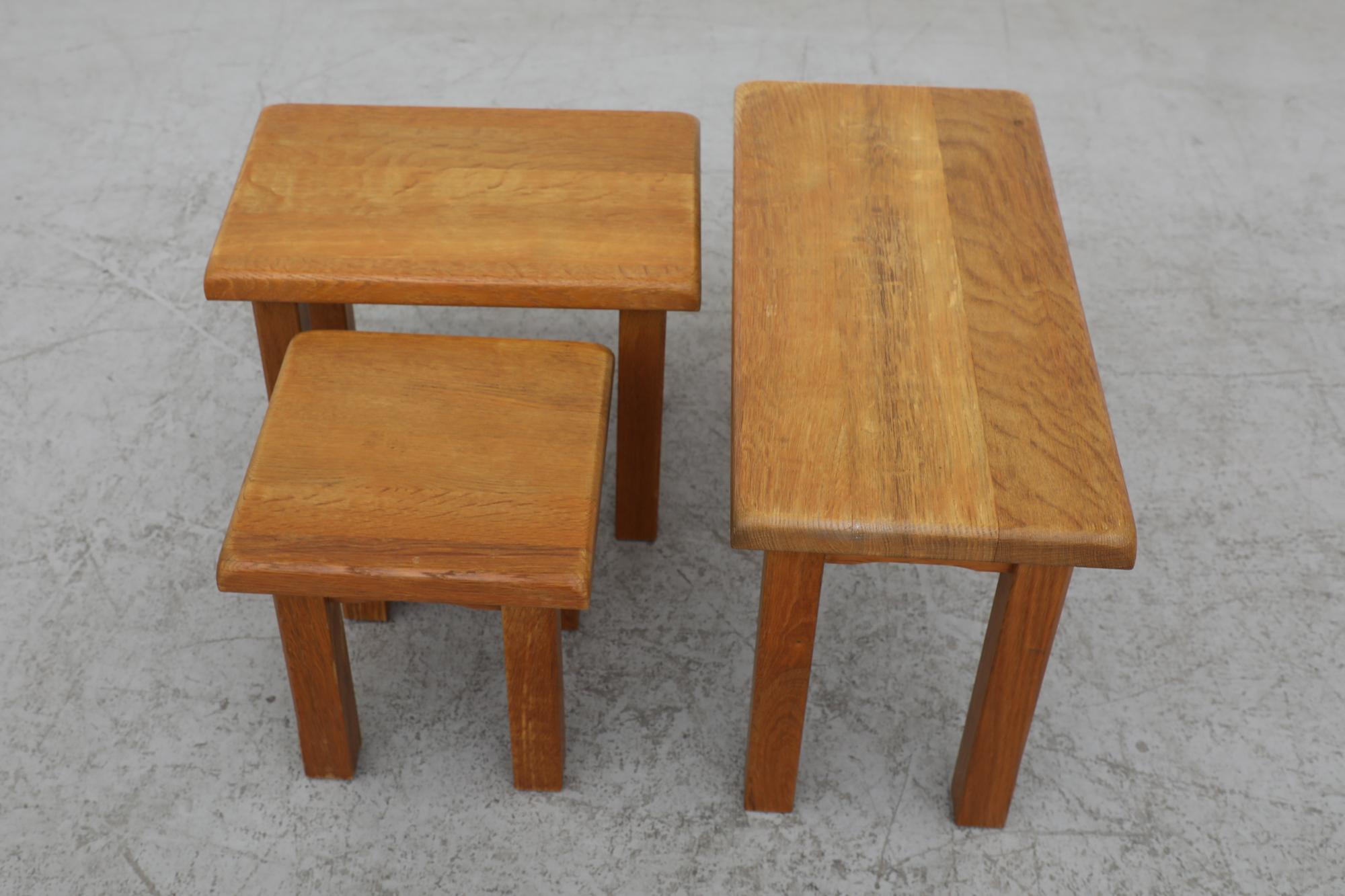 Brutalist Set of 3 Pierre Chapo Inspired Mid-Century Golden Oak Nesting Tables For Sale 12
