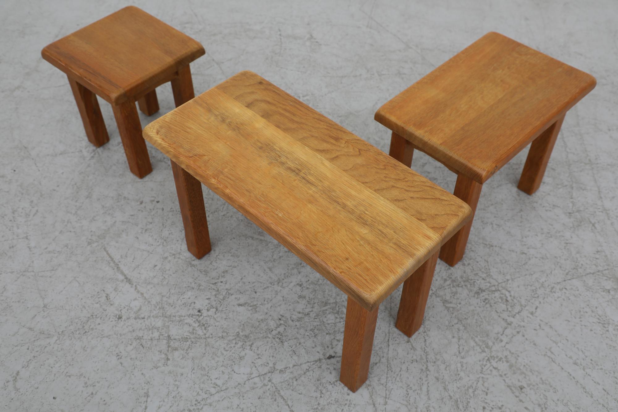 Brutalist Set of 3 Pierre Chapo Inspired Mid-Century Golden Oak Nesting Tables For Sale 3