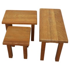 Brutalist Set of 3 Pierre Chapo Inspired Mid-Century Golden Oak Nesting Tables