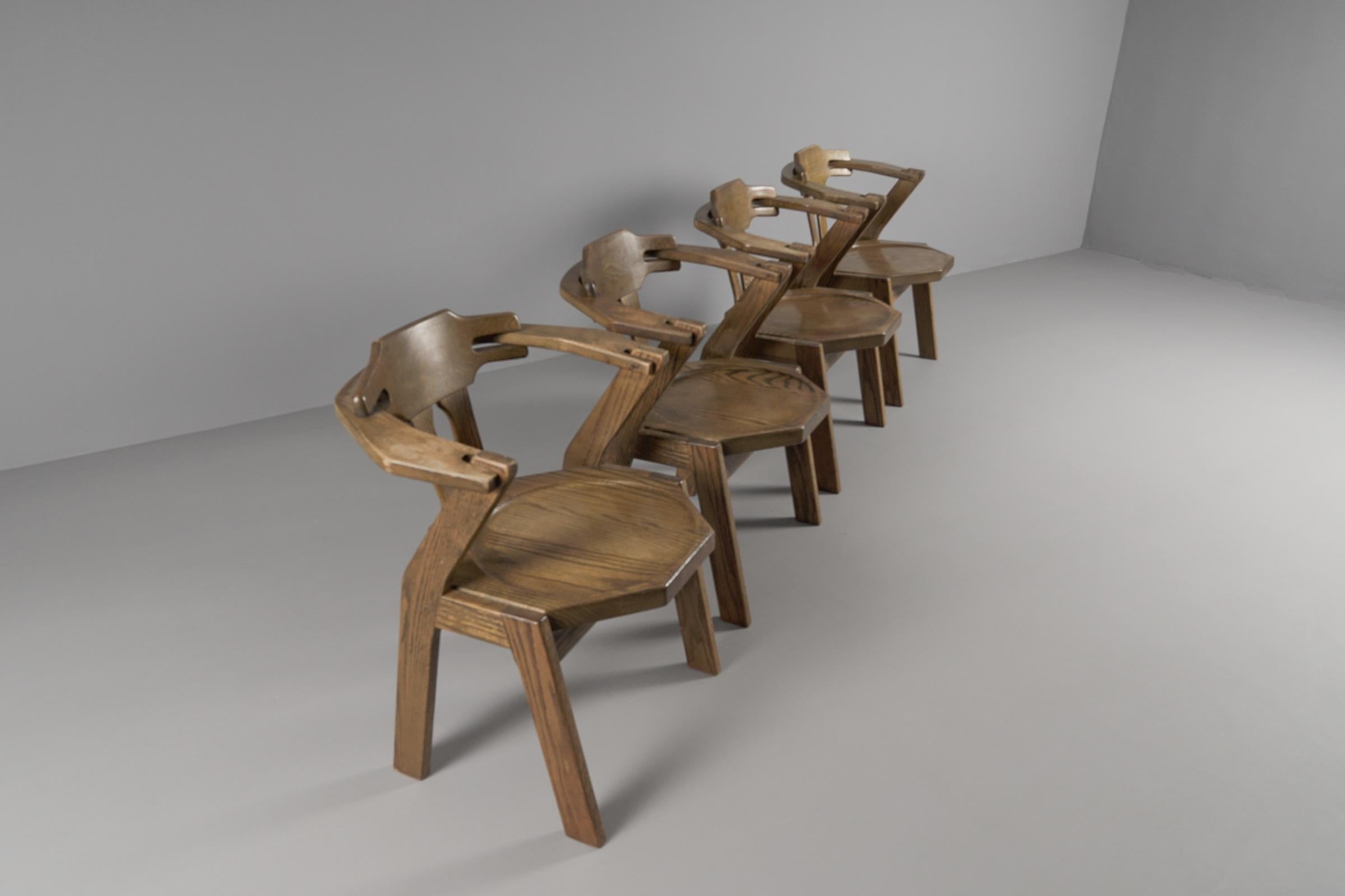 Mid-20th Century Brutalist Set of 4 Chairs with Oak Armrests, 1960s For Sale