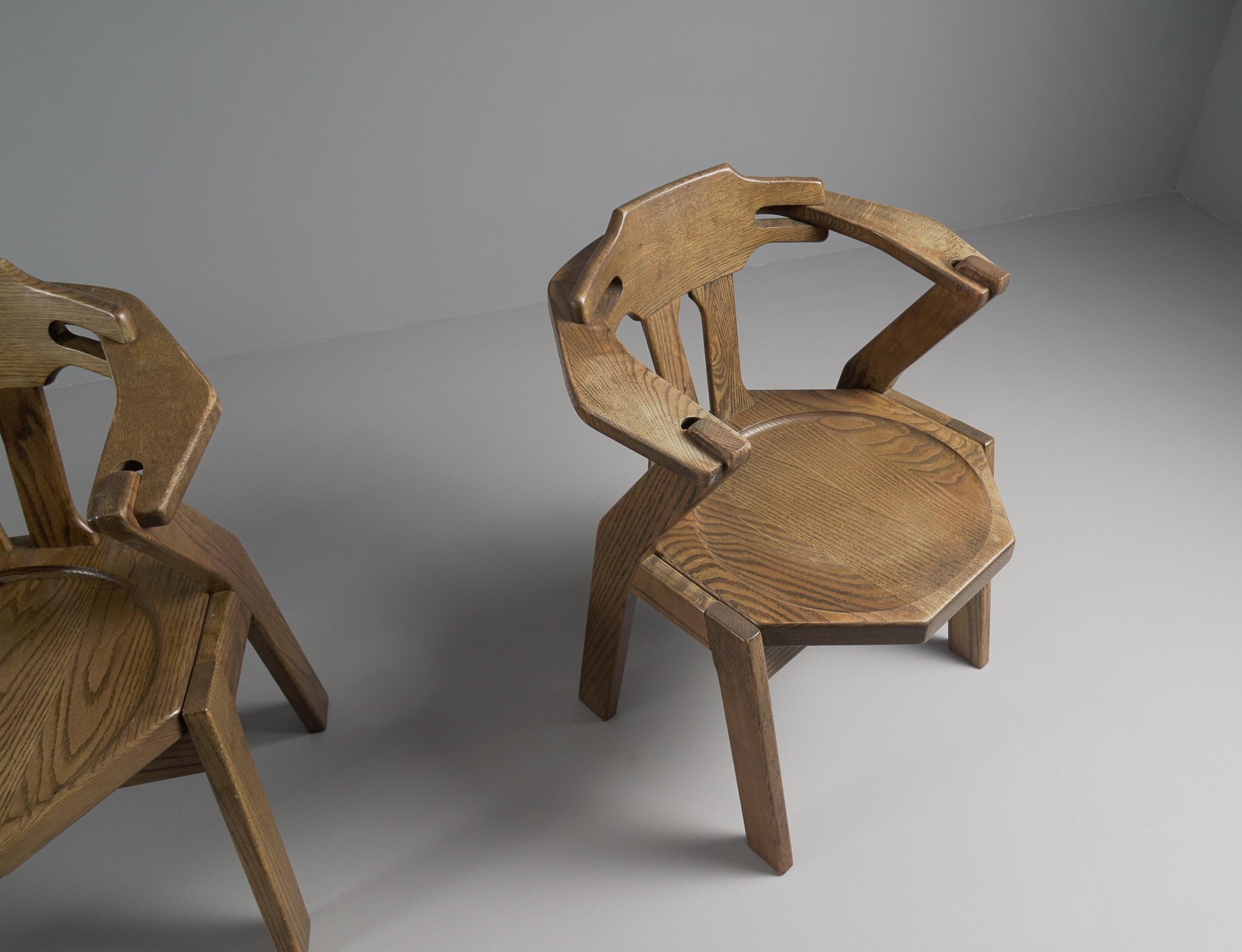 Brutalist Set of 4 Chairs with Oak Armrests, 1960s For Sale 3