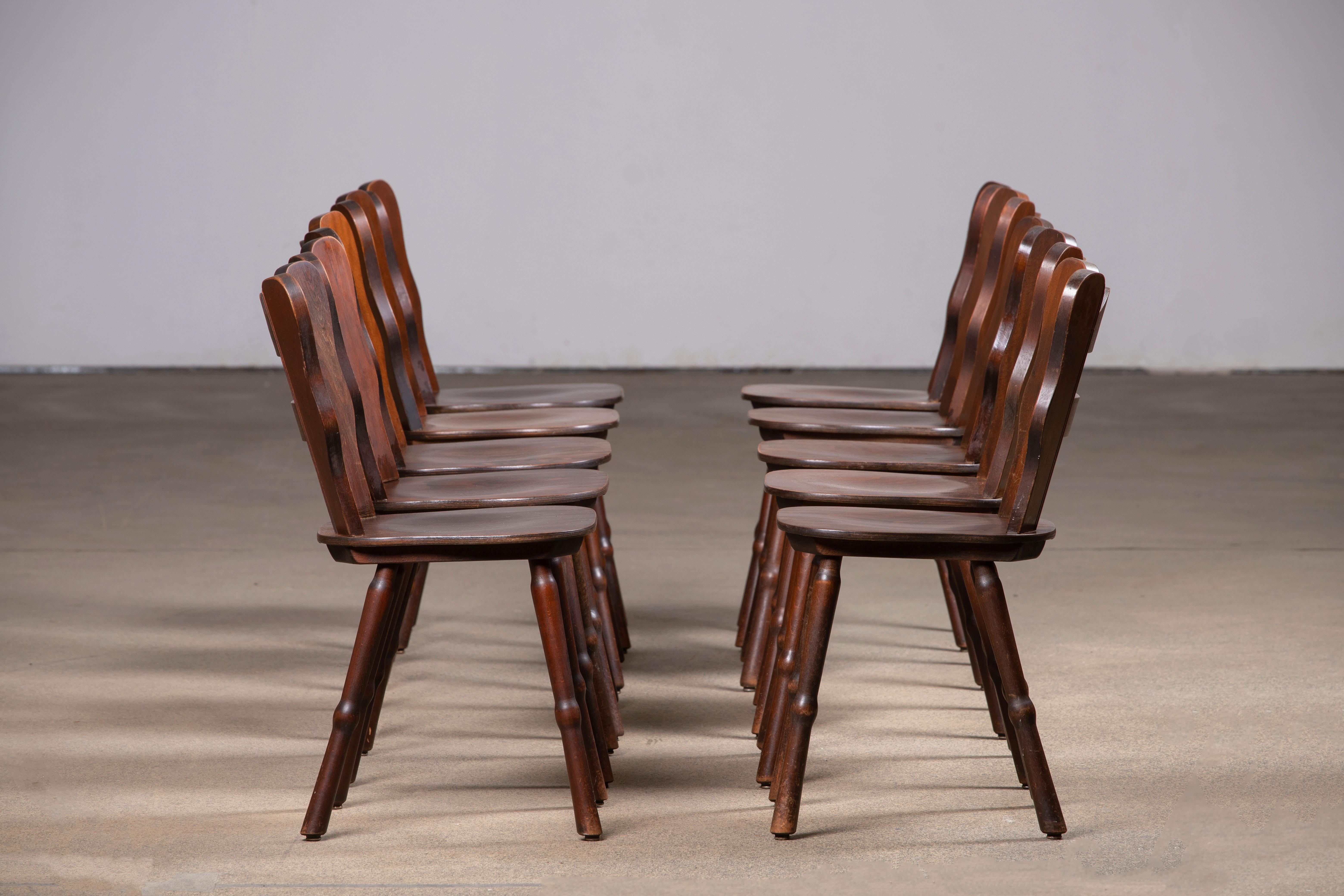 Oak Brutalist Set of 6 Chairs, France, 1940 For Sale