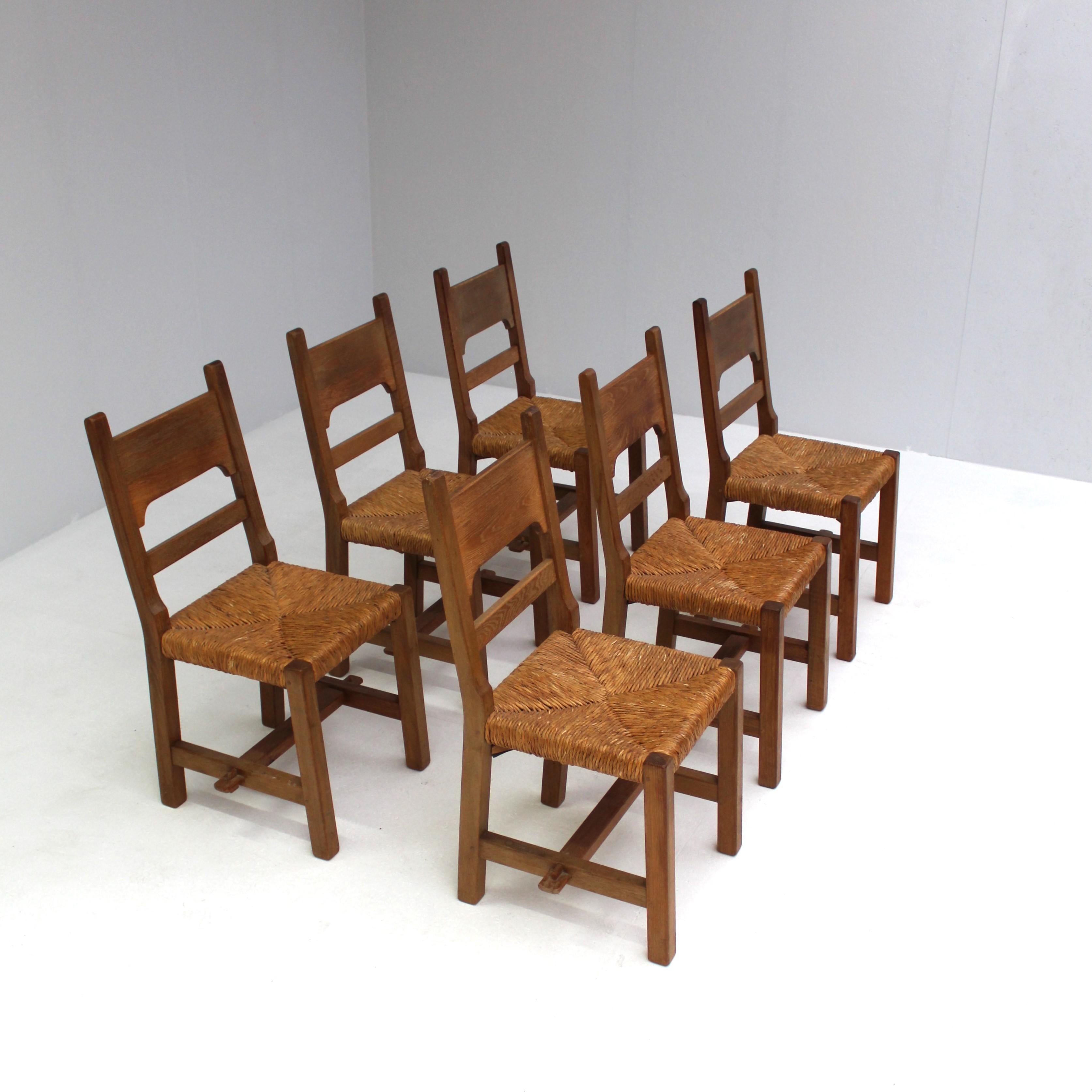 Brutalist set of 6 chairs with rush seat 1
