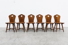 Brutalist Set of 6 Solid Oak Chairs with Cut-Outs, Belgium