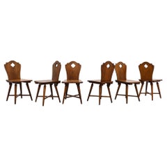 Brutalist Set of 6 Solid Oak Chairs with Cut-Outs, Belgium