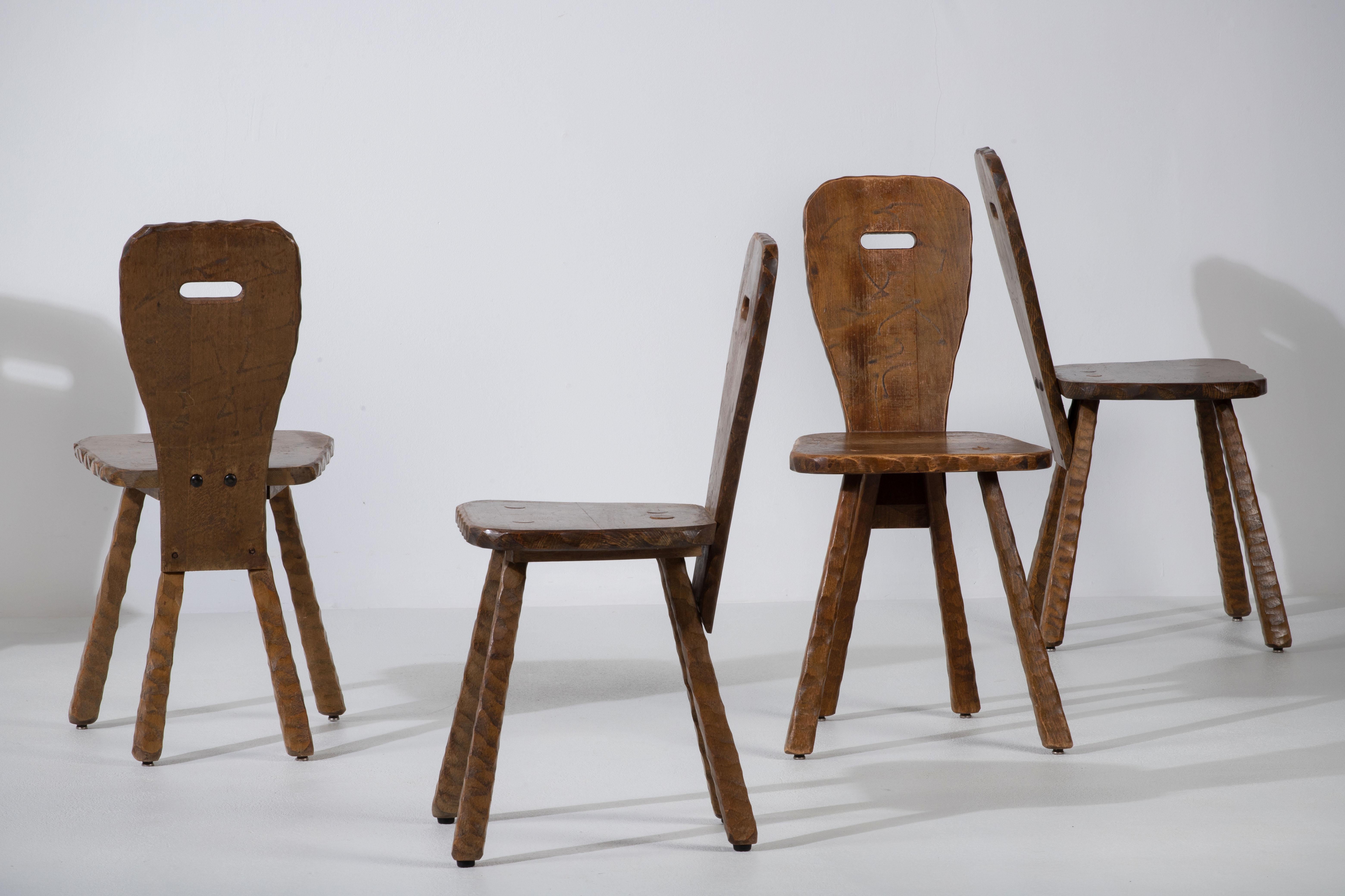 French Brutalist Set of 8 Chairs, France, 1940 For Sale