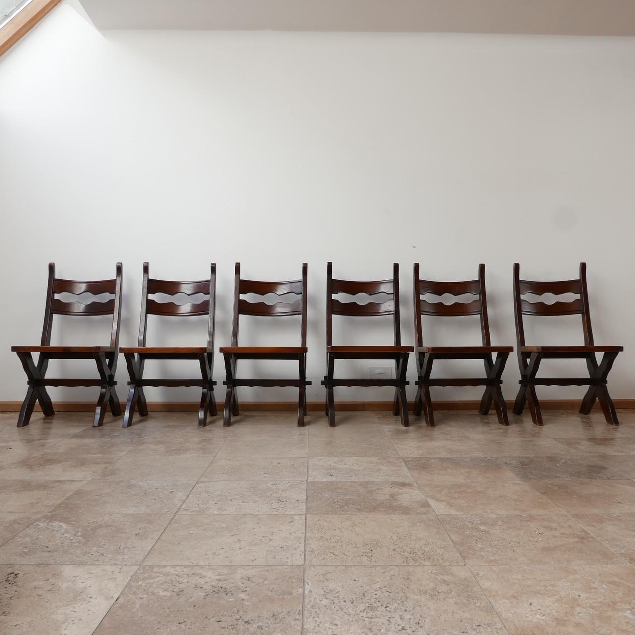 Oak Brutalist Set of Six Belgium Dining Chairs '6' For Sale