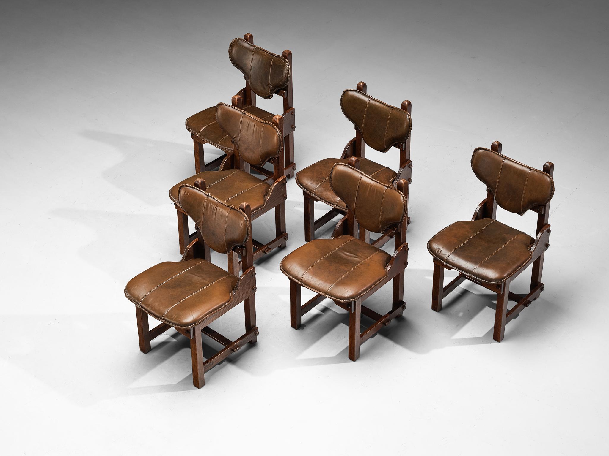 Brutalist Set of Six Dining Chairs in Oak and Brown Leather  For Sale 4