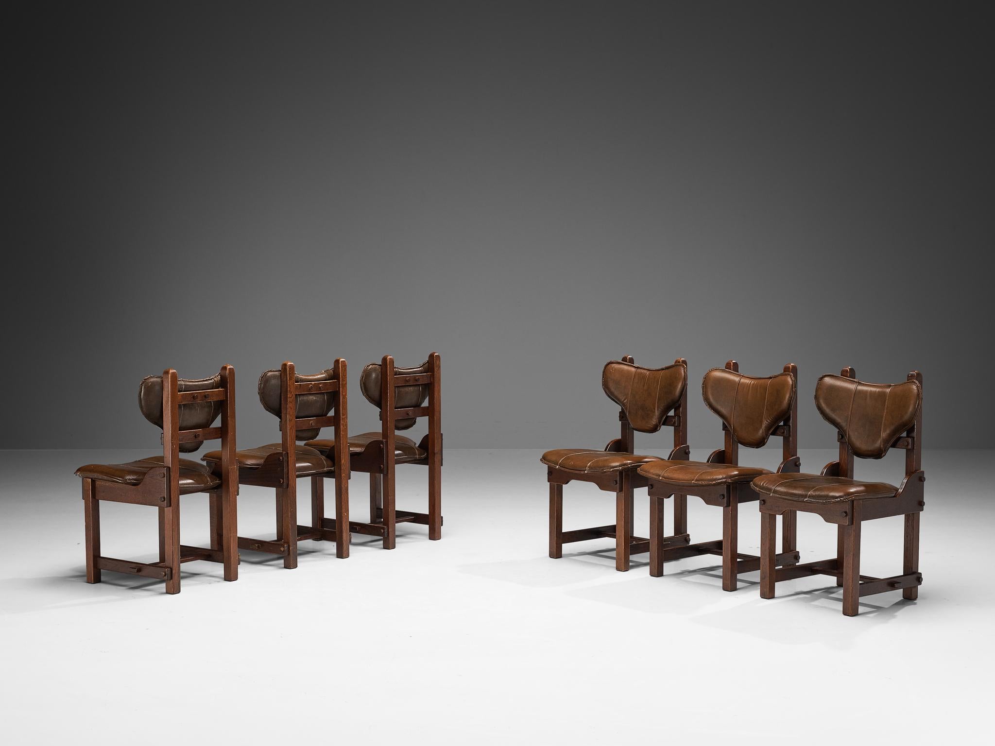 Brutalist Set of Six Dining Chairs in Oak and Brown Leather  In Good Condition For Sale In Waalwijk, NL