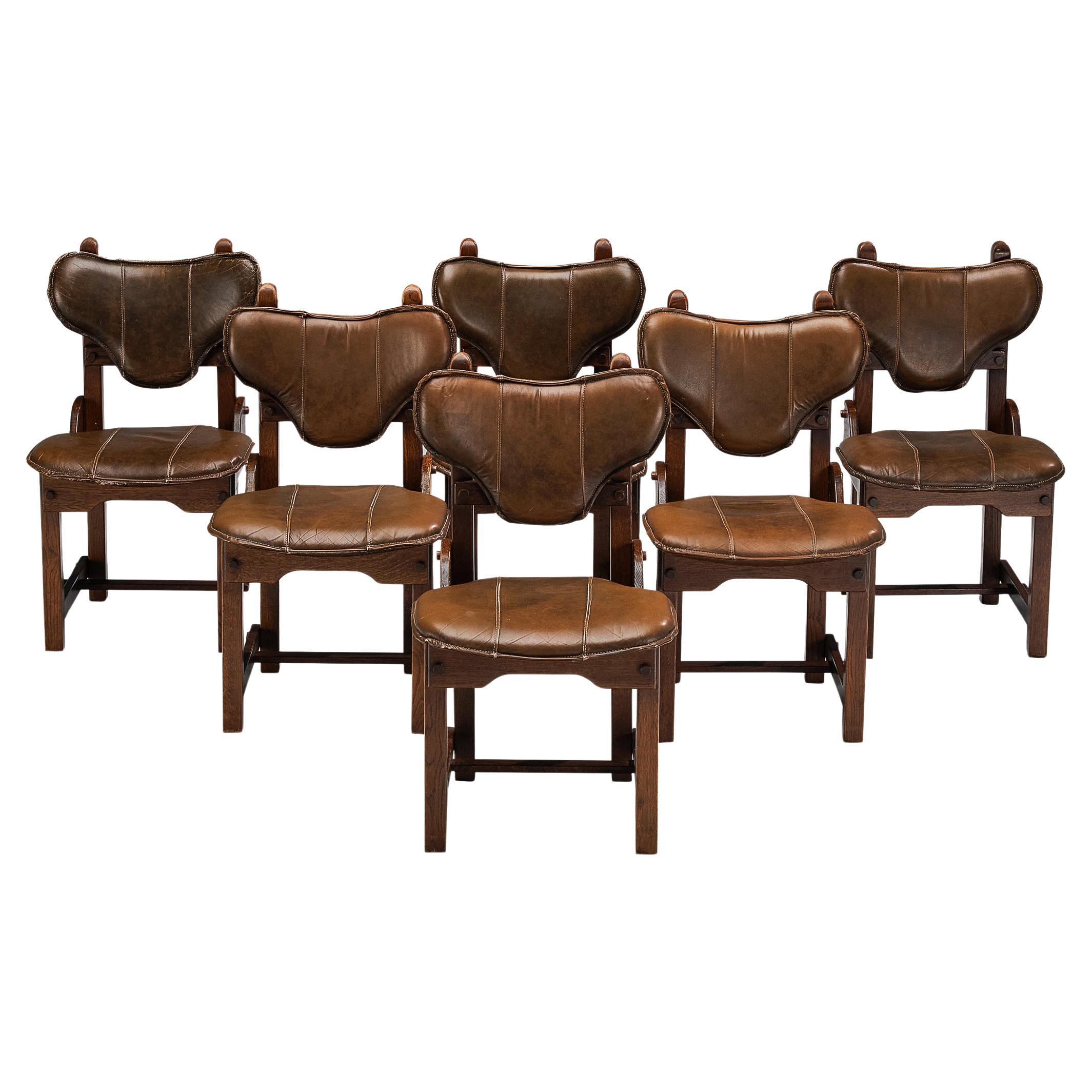 Brutalist Set of Six Dining Chairs in Oak and Brown Leather 