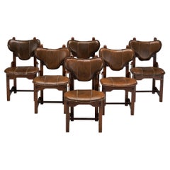 Retro Brutalist Set of Six Dining Chairs in Oak and Brown Leather 