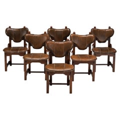 Brutalist Set of Six Dining Chairs in Oak and Brown Leather