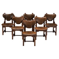 Ensemble brutaliste de six chaises de salle à manger en Oak Oak et cuir Brown 