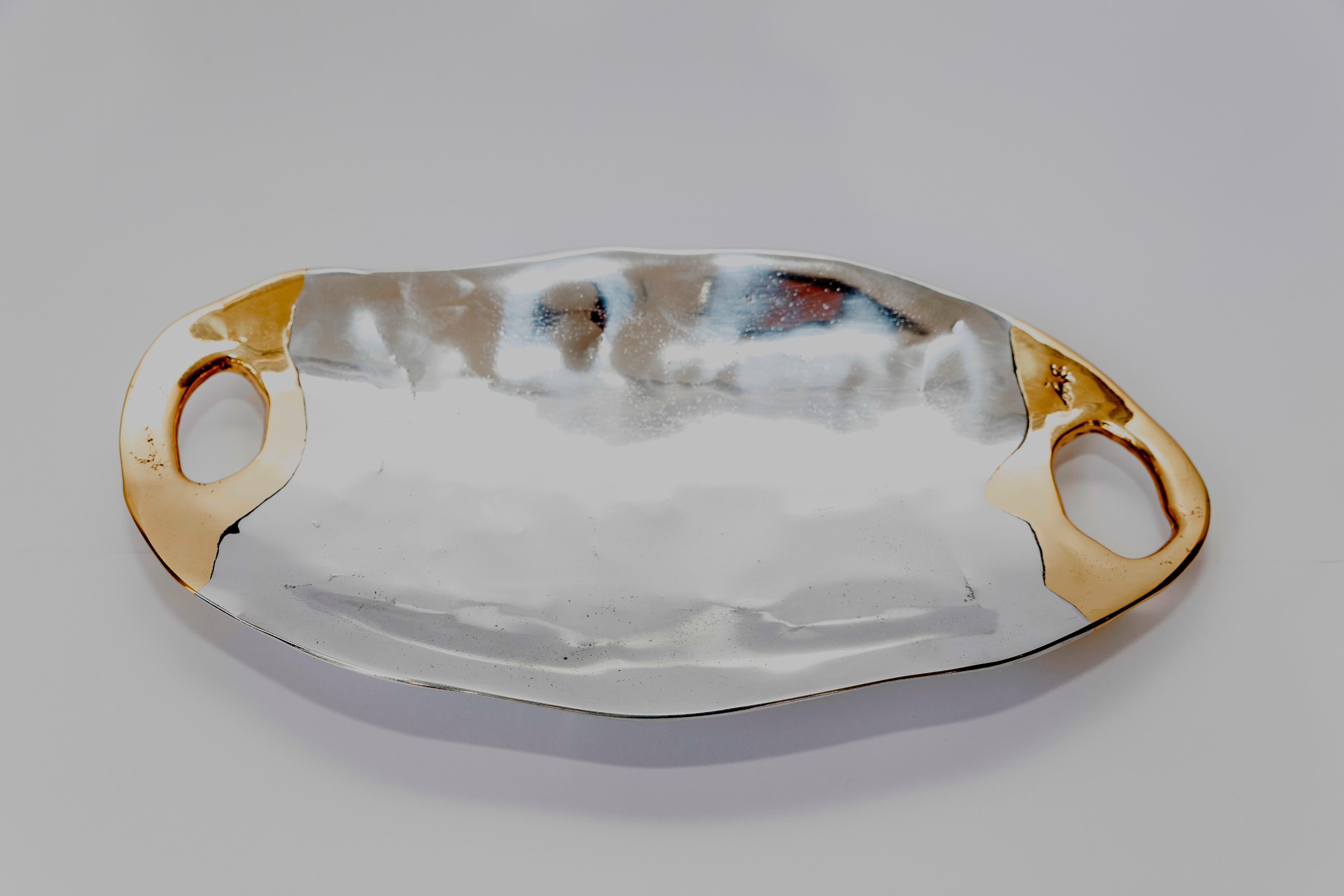 Contemporary Brutalist Shallow Bowl Cast Alumium and Brass Reference A024 by David Marshall For Sale