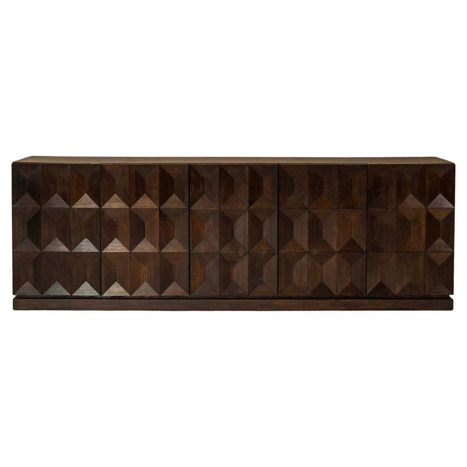 Brutalist Sideboard by Defour in Solid Dark Stained Oak, Belgium 1970s