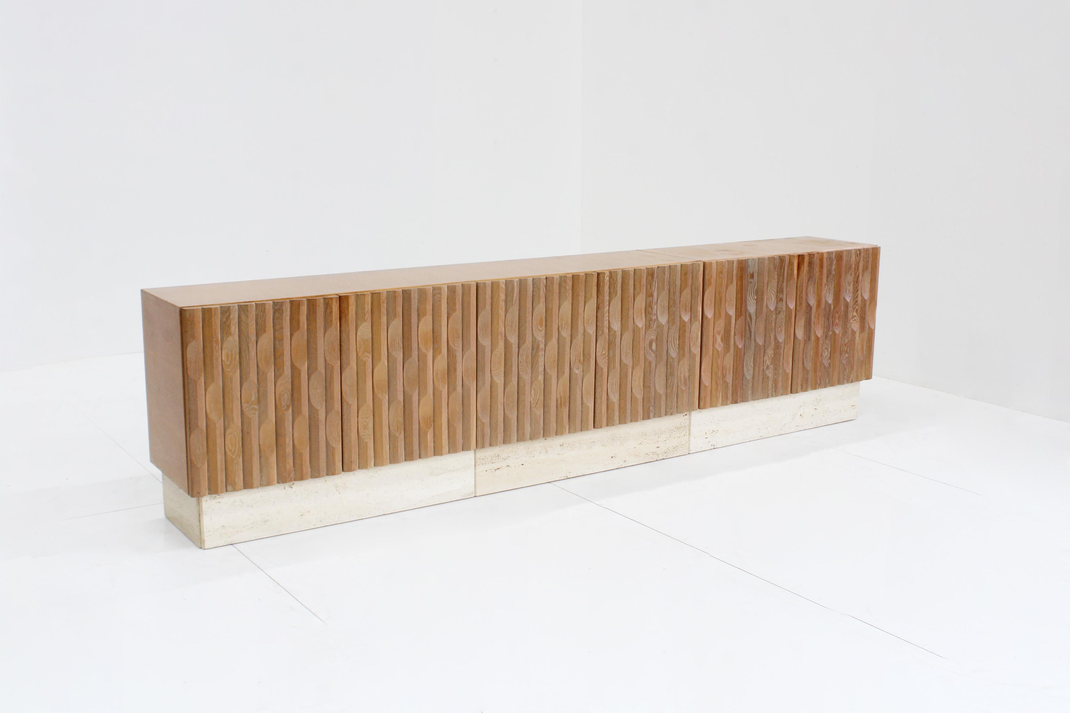 Brutalist sideboard credenza wood and travertine Belgium , 1970s 6