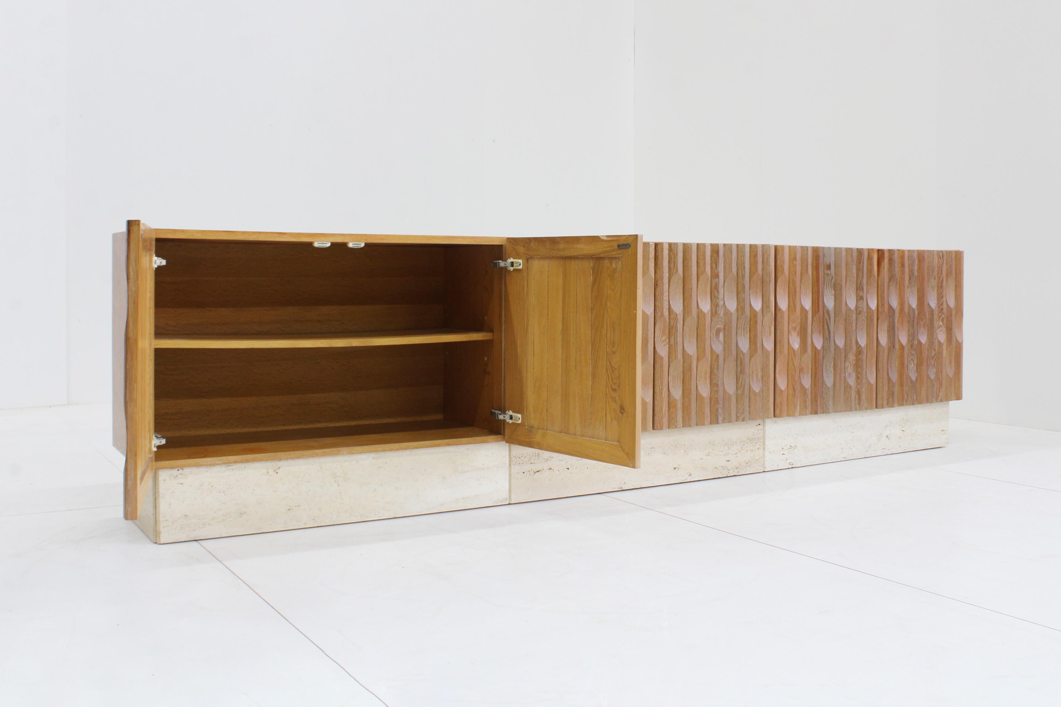Late 20th Century Brutalist sideboard credenza wood and travertine Belgium , 1970s