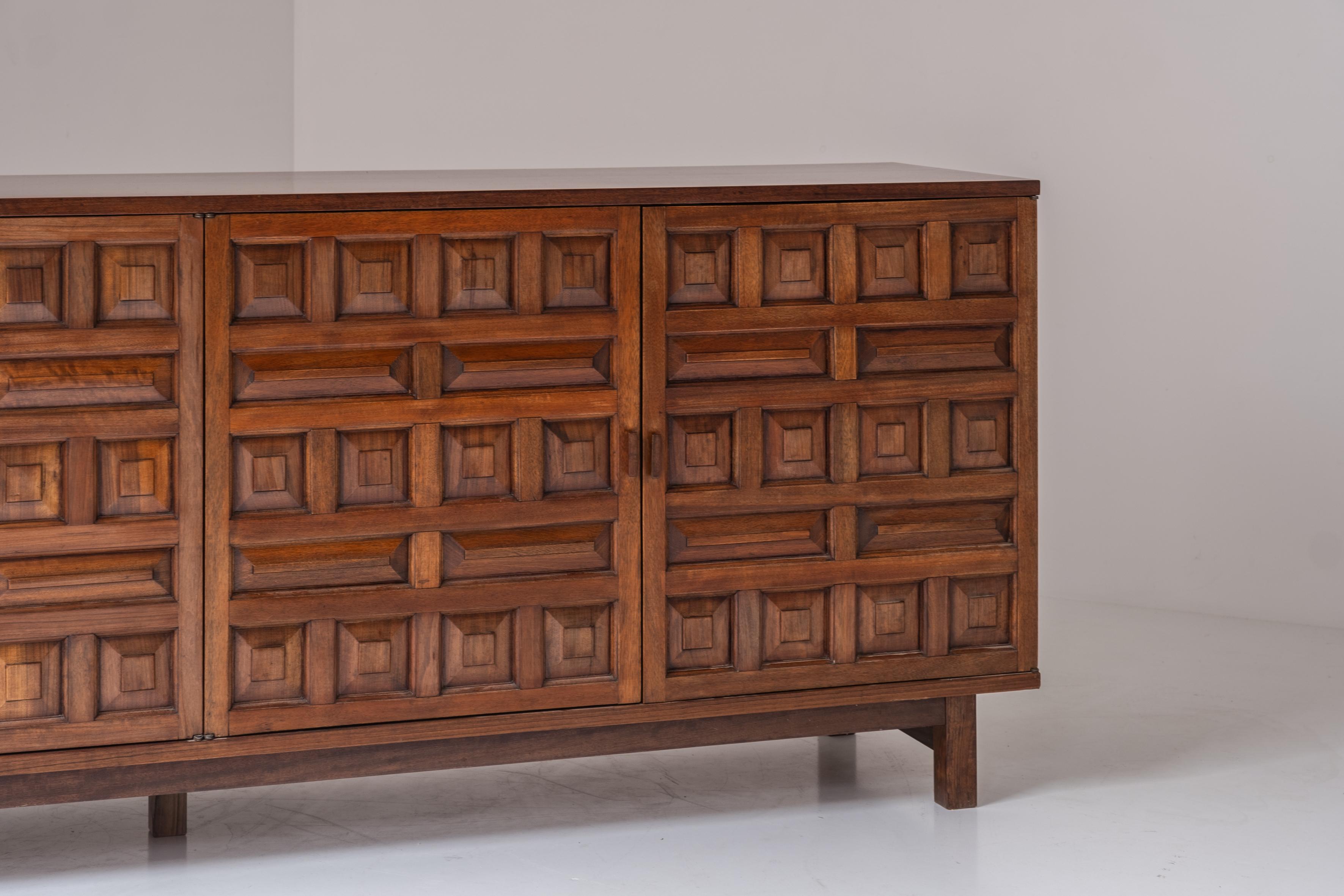 Walnut Brutalist sideboard from Spain, designed and manufactured in the 1970s.