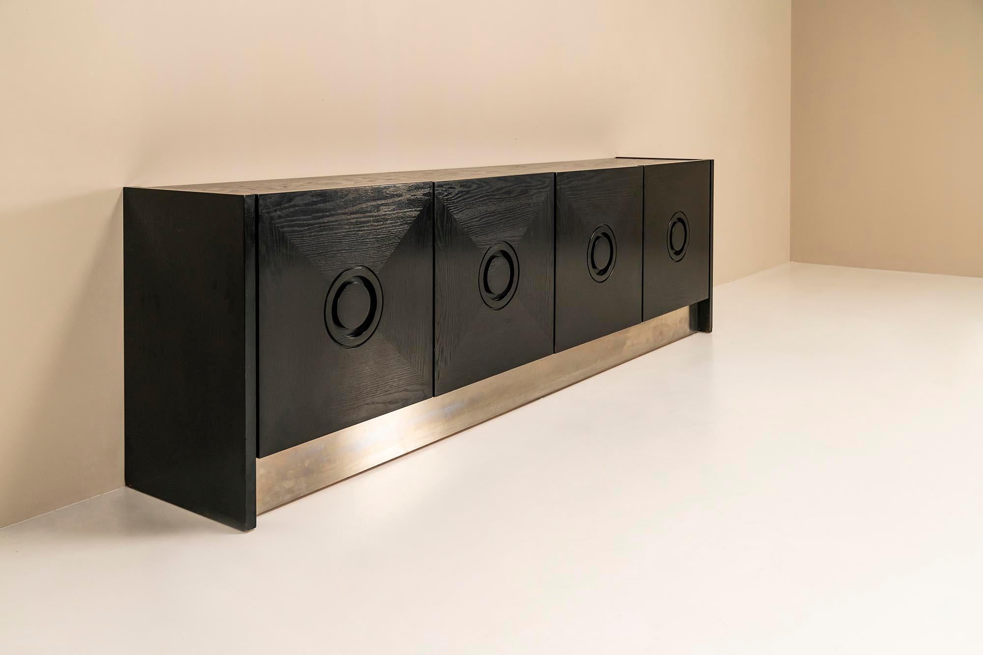 Mid-Century Modern Brutalist Sideboard In Black Stained Oak And Brushed Steel, Belgium 1970s. For Sale