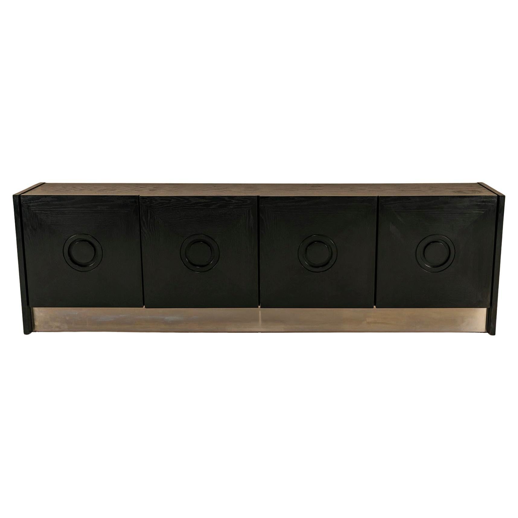 Brutalist Sideboard In Black Stained Oak And Brushed Steel, Belgium 1970s. For Sale