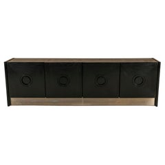 Brutalist Sideboard In Black Stained Oak And Brushed Steel, Belgium 1970s.