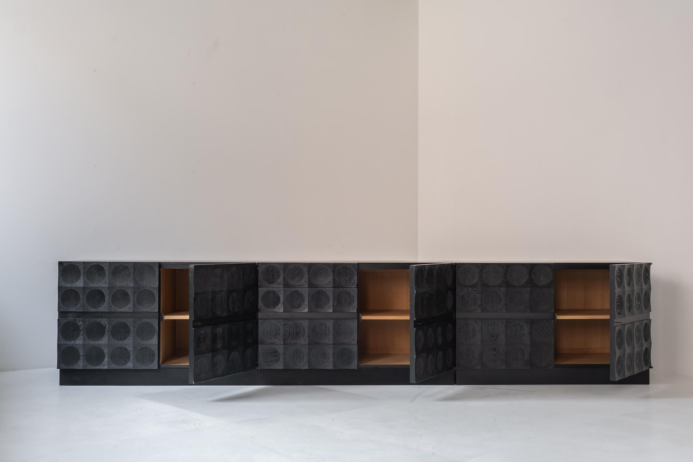 Mid-Century Modern Brutalist sideboard in black stained oak by J. Batenburg For MI, Belgium 1969