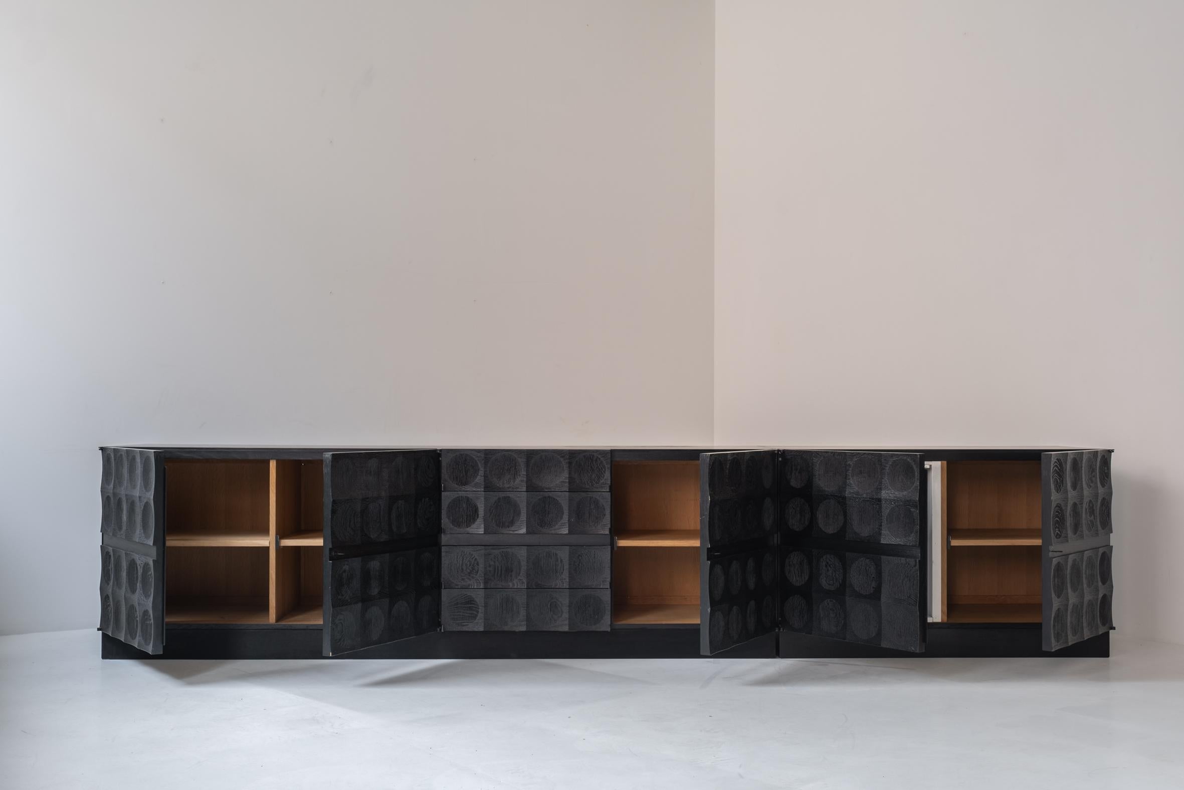 Belgian Brutalist sideboard in black stained oak by J. Batenburg For MI, Belgium 1969