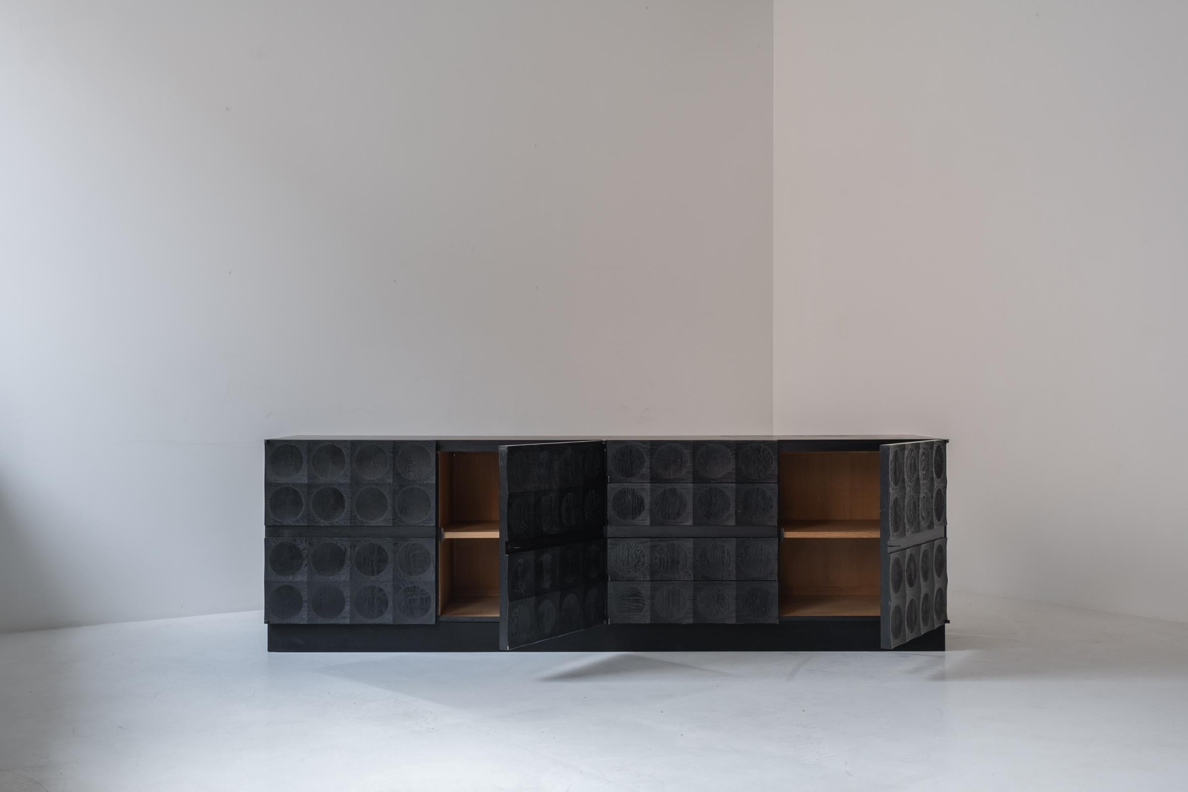 Oak Brutalist sideboard in black stained oak by J. Batenburg For MI, Belgium 1969