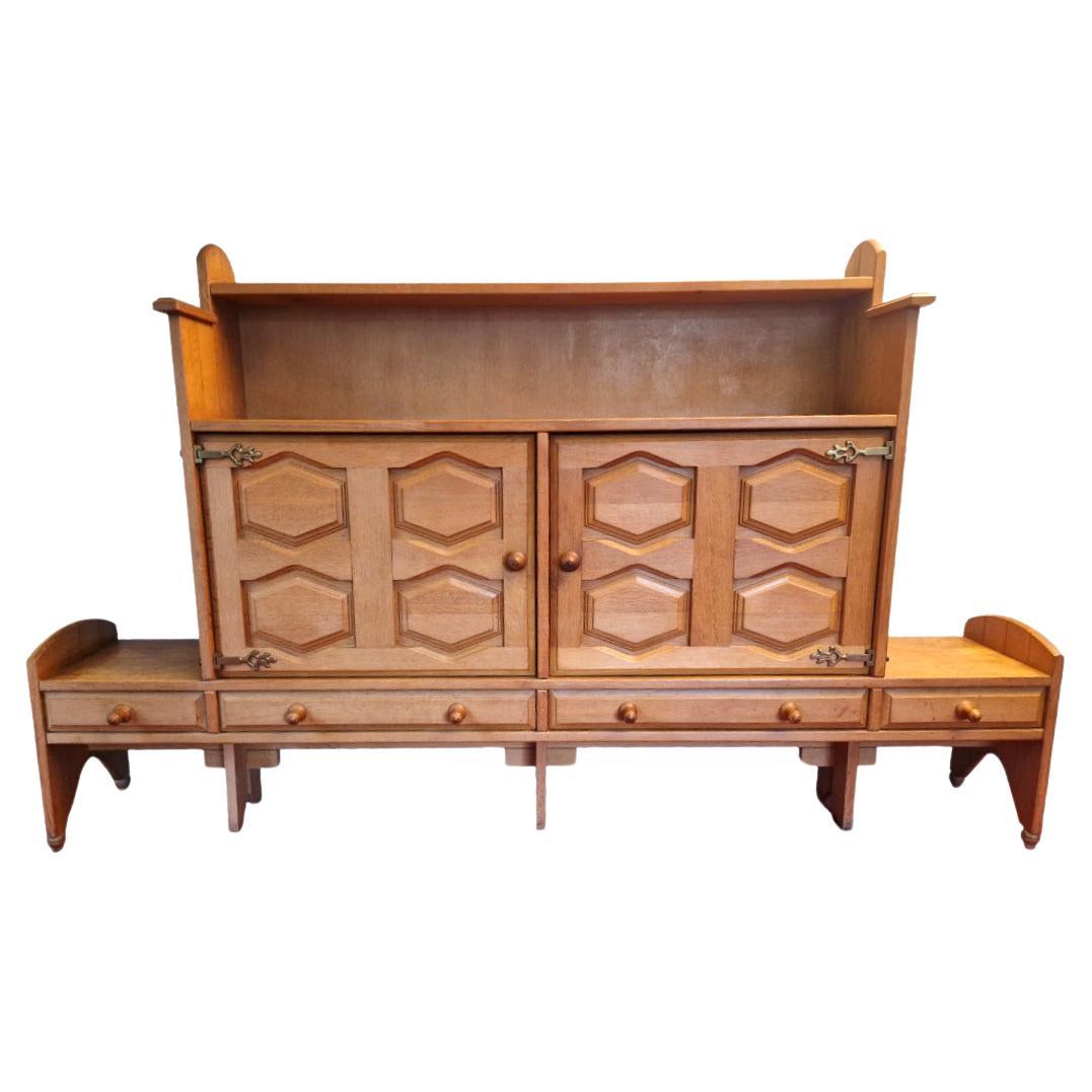 Brutalist sideboard in light oak, Guillerme et Chambron For Sale