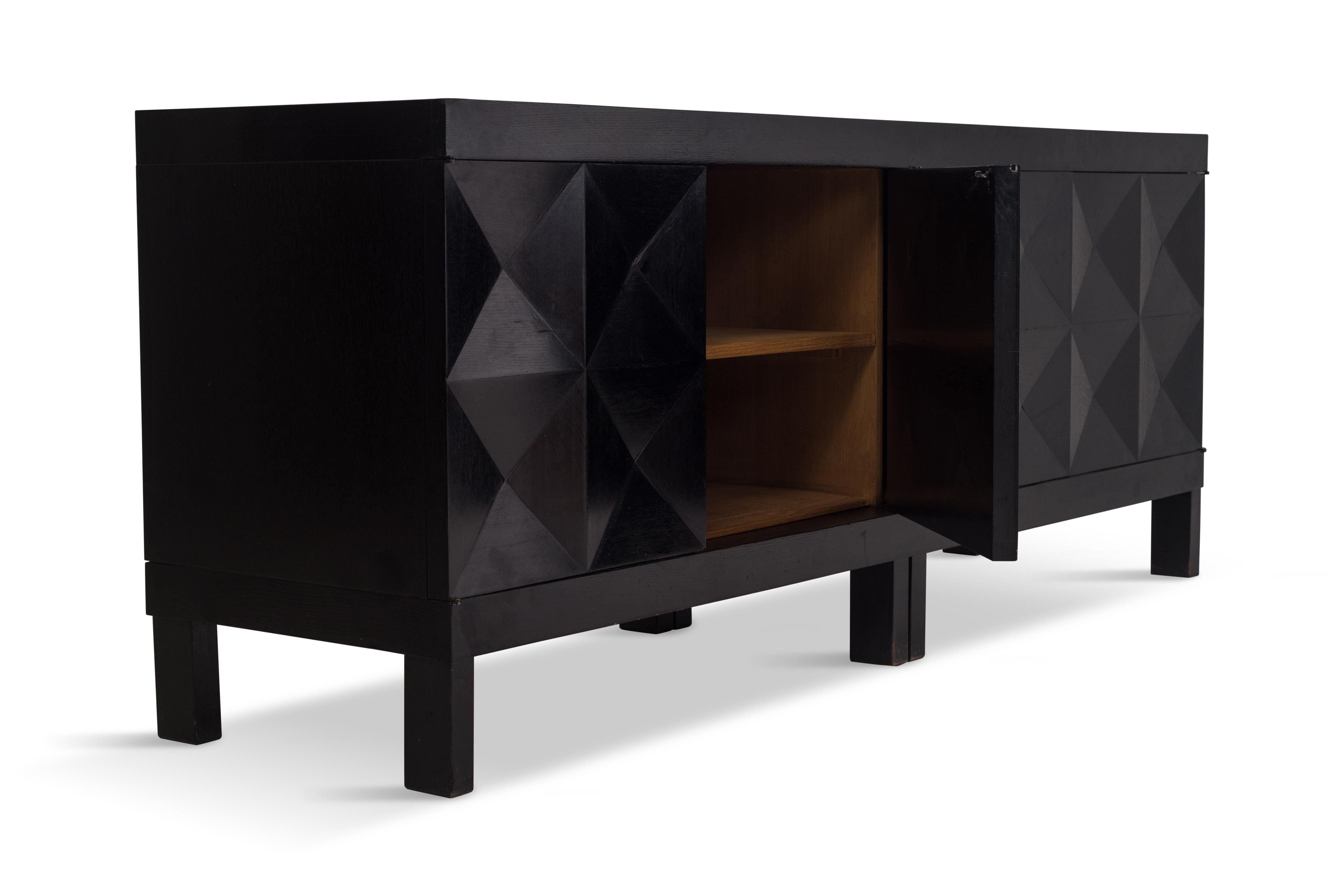 Mid-20th Century Brutalist Sideboard in Stained Oak by De Coene with Diamond Patterned Doors