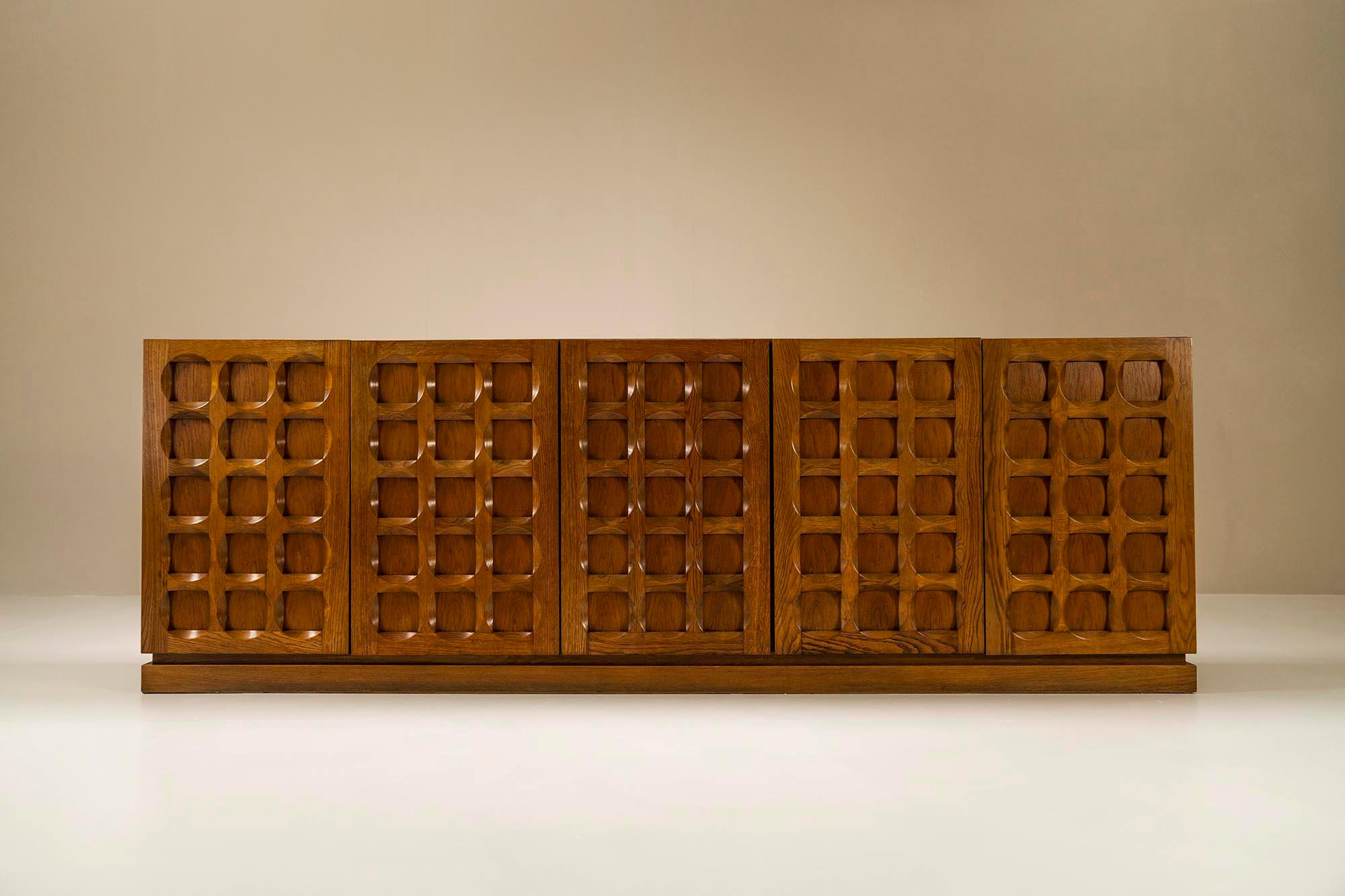 Belgian Brutalist Sideboard, Model 'Sorente', in Dark Oak by Defour, Belgium, 1970s